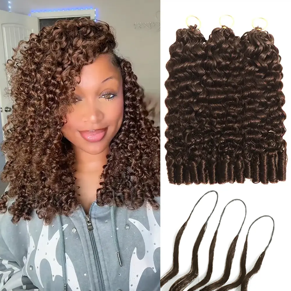 New Ramiss Burmese Curly Crochet Remy Human Hair Extensions - #4 P4/27 99J Color, Miracle Knot Pre-Separated, 50g/Pack 40 Strands, 4-5 Packs for Full Head, No Tension, Reusable Hair Weave, Protective Styles