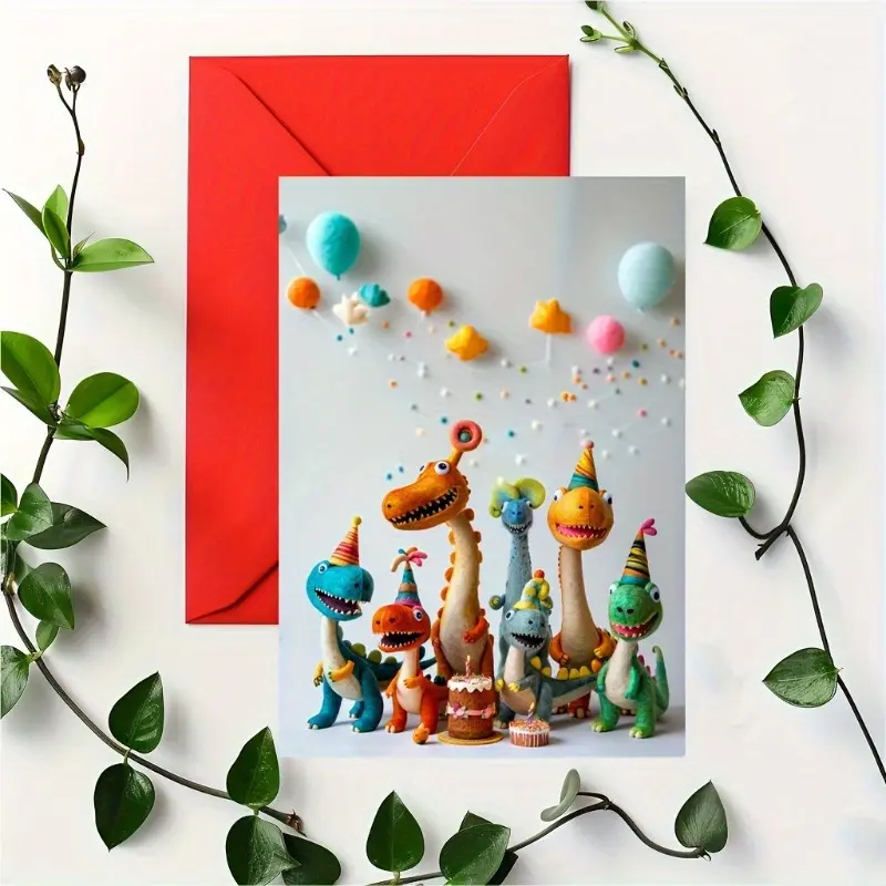 A dinosaur birthday card - colorful, fun design, cartoon dinosaur celebration, ideal gift for young people
