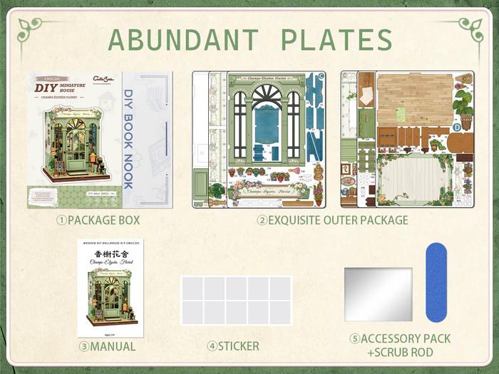 CUTEBEE DIY Book Nook Kit with LED Lights 3D Wooden Puzzle Miniature House for Adults & Teens Black Friday Deal Romantic Christmas Gift for Home Bookshelf Decor Champs-Élysées Florist House Building Kit