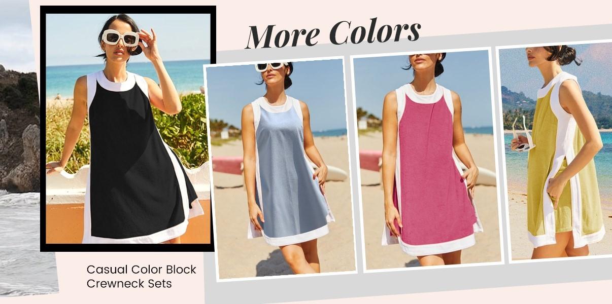 UANEO Women's Casual Two Piece Sets Color Block Crewneck Short Sleeve Pullover Tops Matching Shorts with Pockets UANEO Women's Casual Two Piece Sets Color Block Crewneck Short Sleeve Pullover Tops Matching Shorts with Pockets