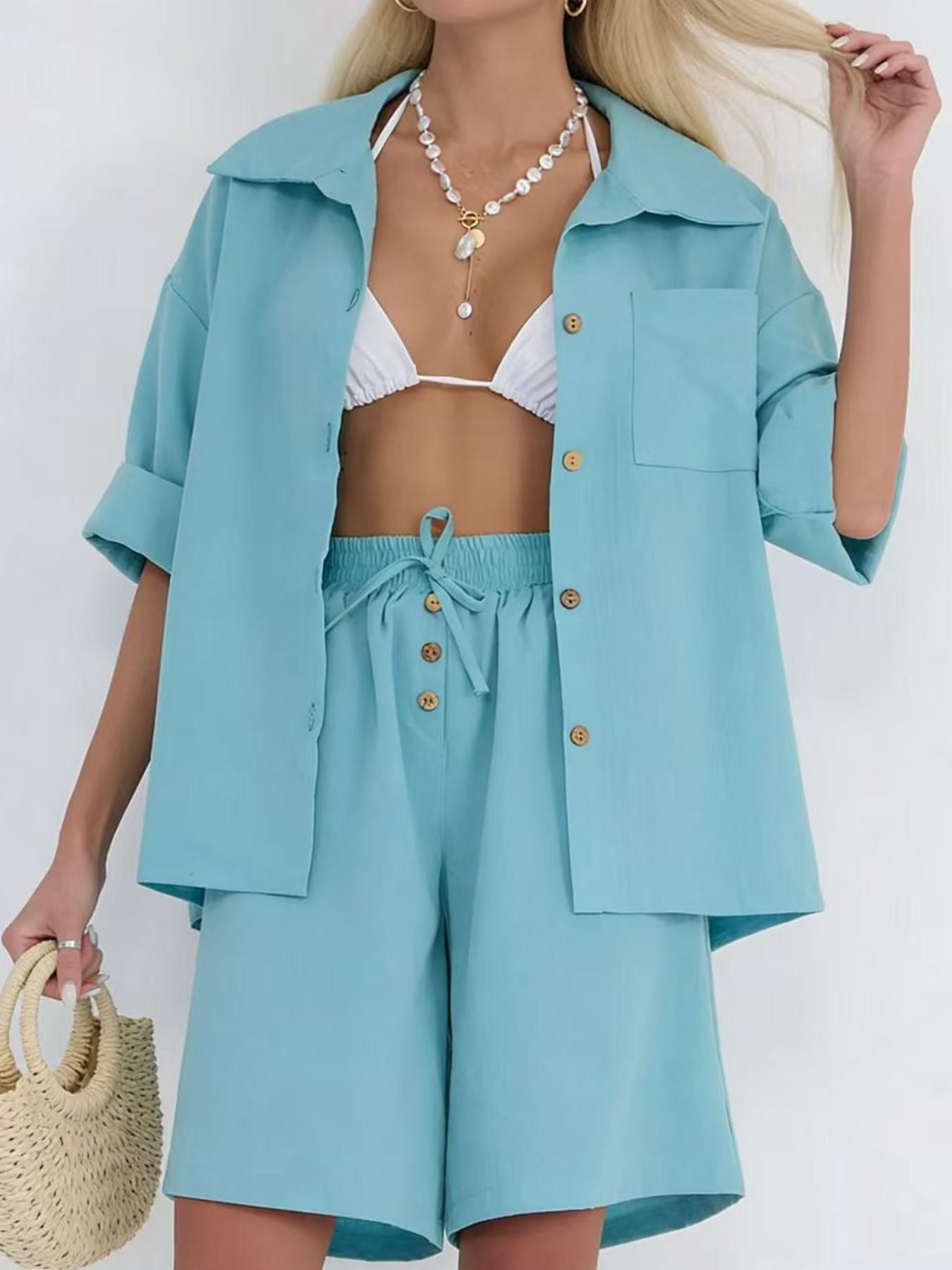 Spring Summer Fashion Womenswear Short Pants Pure Color Shirt Two-Piece Set Suits Casual Loose Fit Short Sleeve Women's