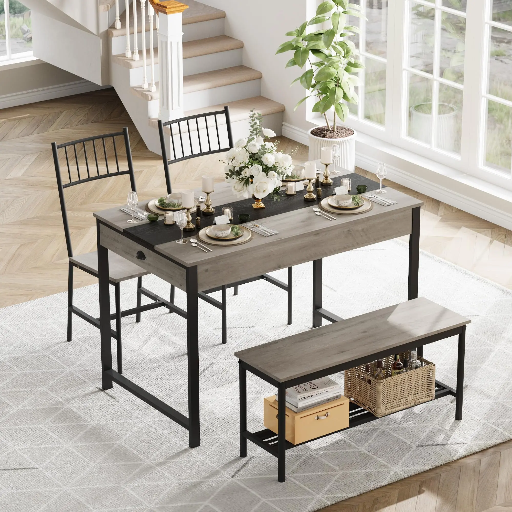 Dining Table Set for 4, Small Kitchen Table with 2 Chairs & Bench, Space Saving Table Set with Storage Rack & Drawers, Farmhouse Breakfast Nook Set