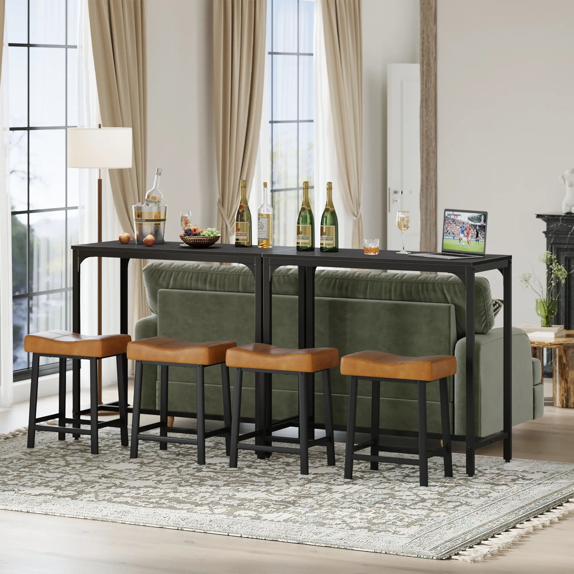 Garvee Industrial Rectangular Bar Table with Metal Tube Base - 42.5" Counter Height Pub Table for Small Spaces - Black Embossed Top, Industrial Look Design