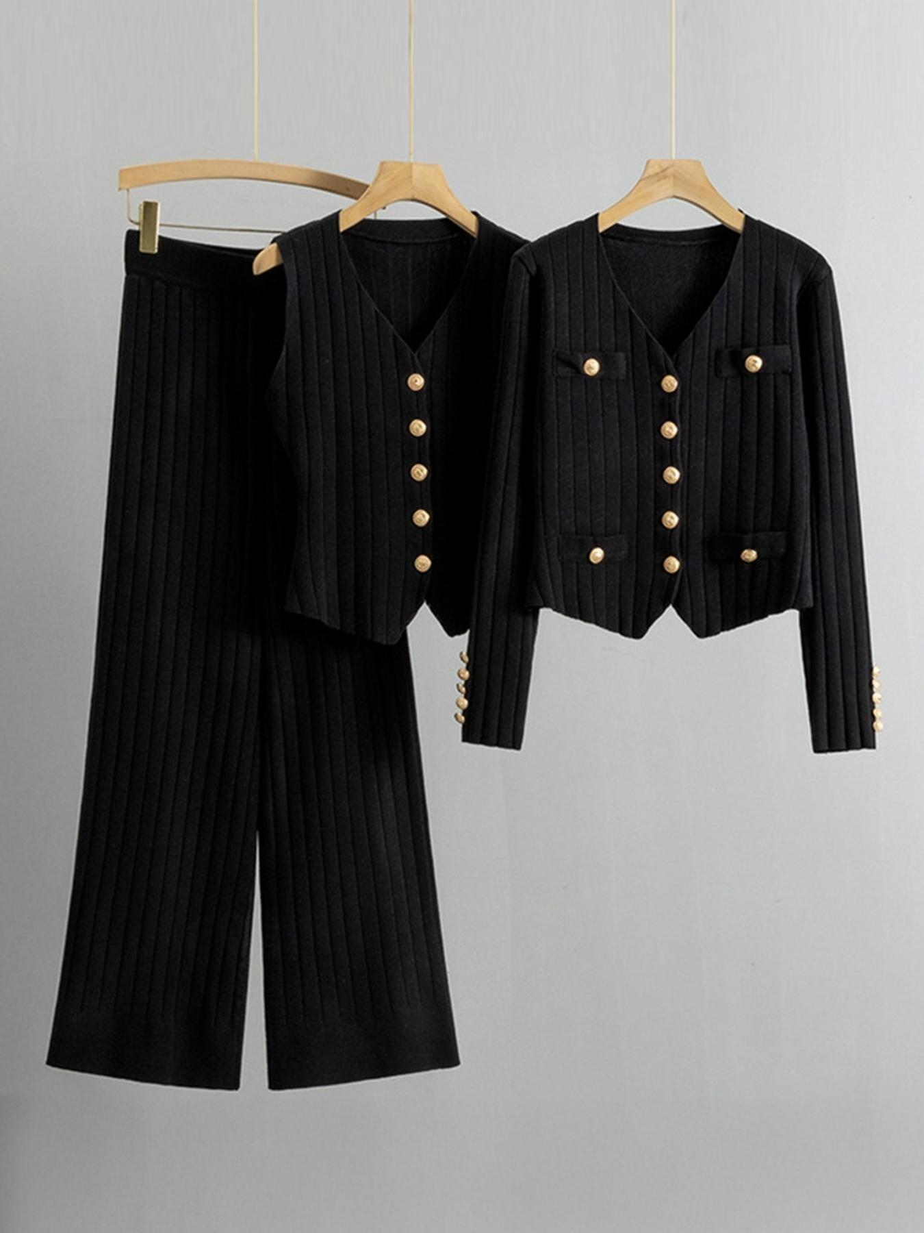 Women's Fall Winter Comfortable Soft Three-Piece Knit Set, V Neck Button Long Sleeve Cardigan & Sleeveless Vest, Elegant KnitikTokMadeMeBuyIt #CasualChic#MatchingSet
