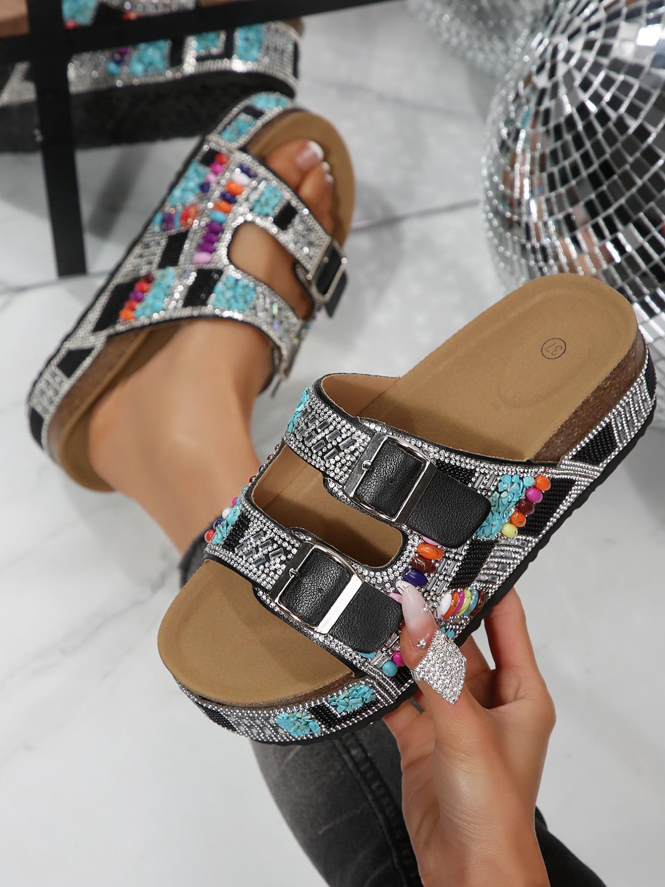European and American Summer Style Colorful Rhinestone Platform Sandals, Flatform, Bohemian Elegant Fashion Beach Slippers, Glitter Slides, Rubber, Comfortable and Stylish