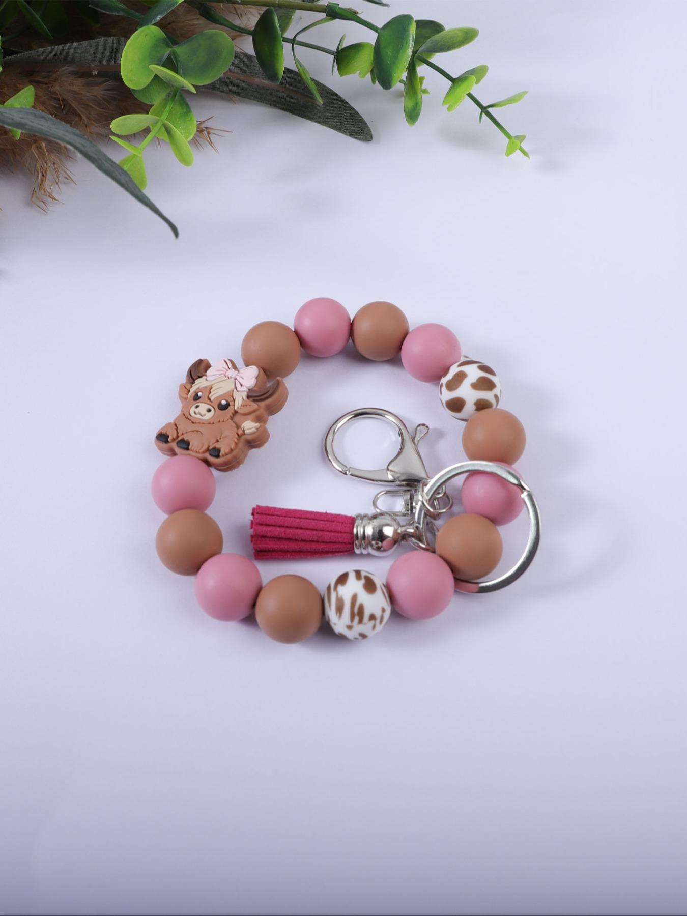 Cute Farm Style Beaded Wrist Keychain, Multiple Colors Available, Spot Pattern Beads with Bow Cow Design, Perfect Gift for Friends & Family