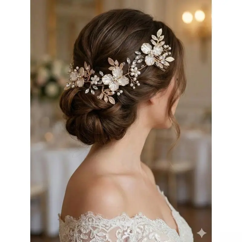 Female Wear Forest Theme Pearl Accents Clip-Shape Bag Accessory, 1-Size DIY Luggage Accessory, Elegant Jasmine Princess Crown for Wedding Photo Prop, One Size