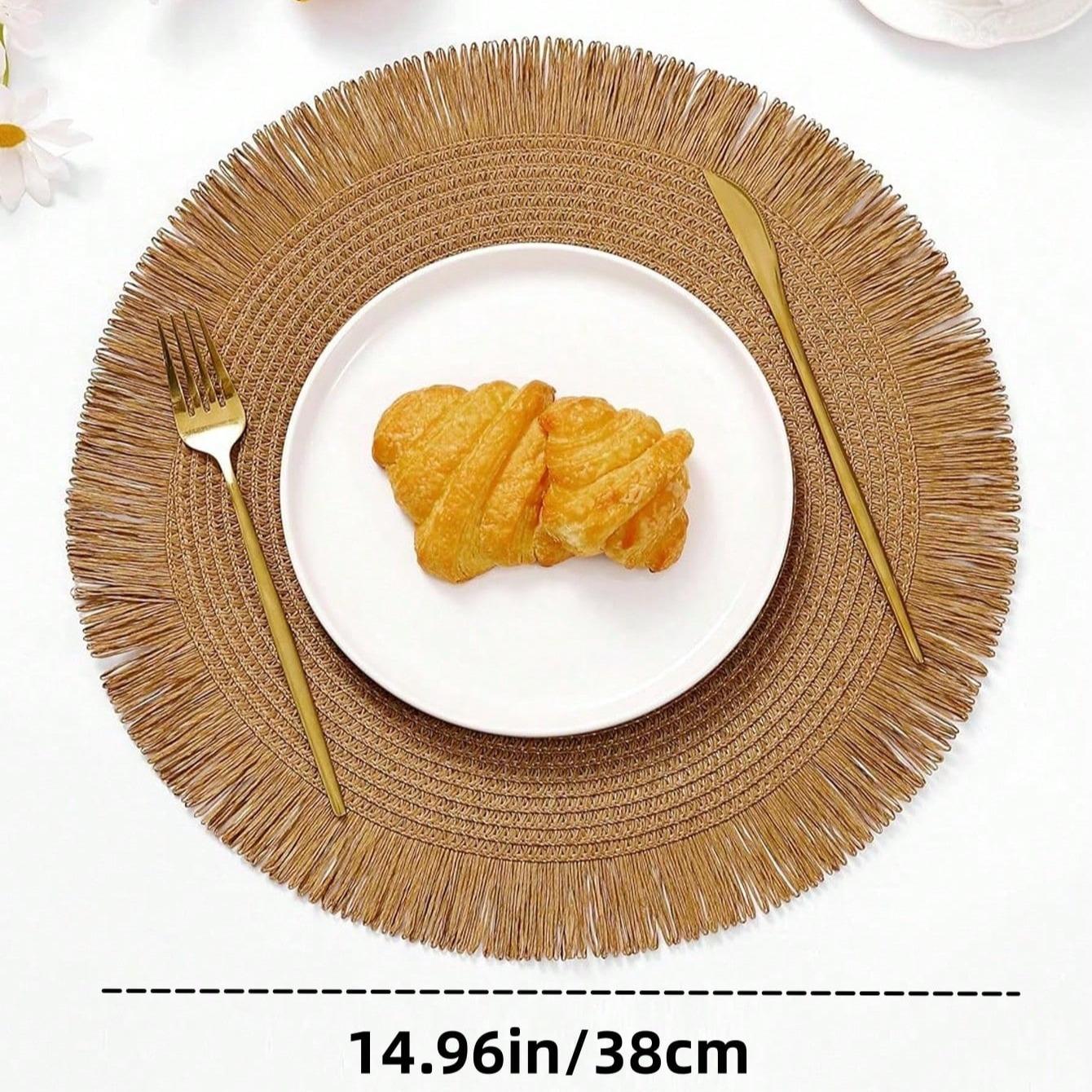 15 Inch Round Paper Braided Fringe Placemats Set, Heat Resistant Table Mats, Hotel Restaurant Decor, Non-Slip Dining Pad, Family Party Use