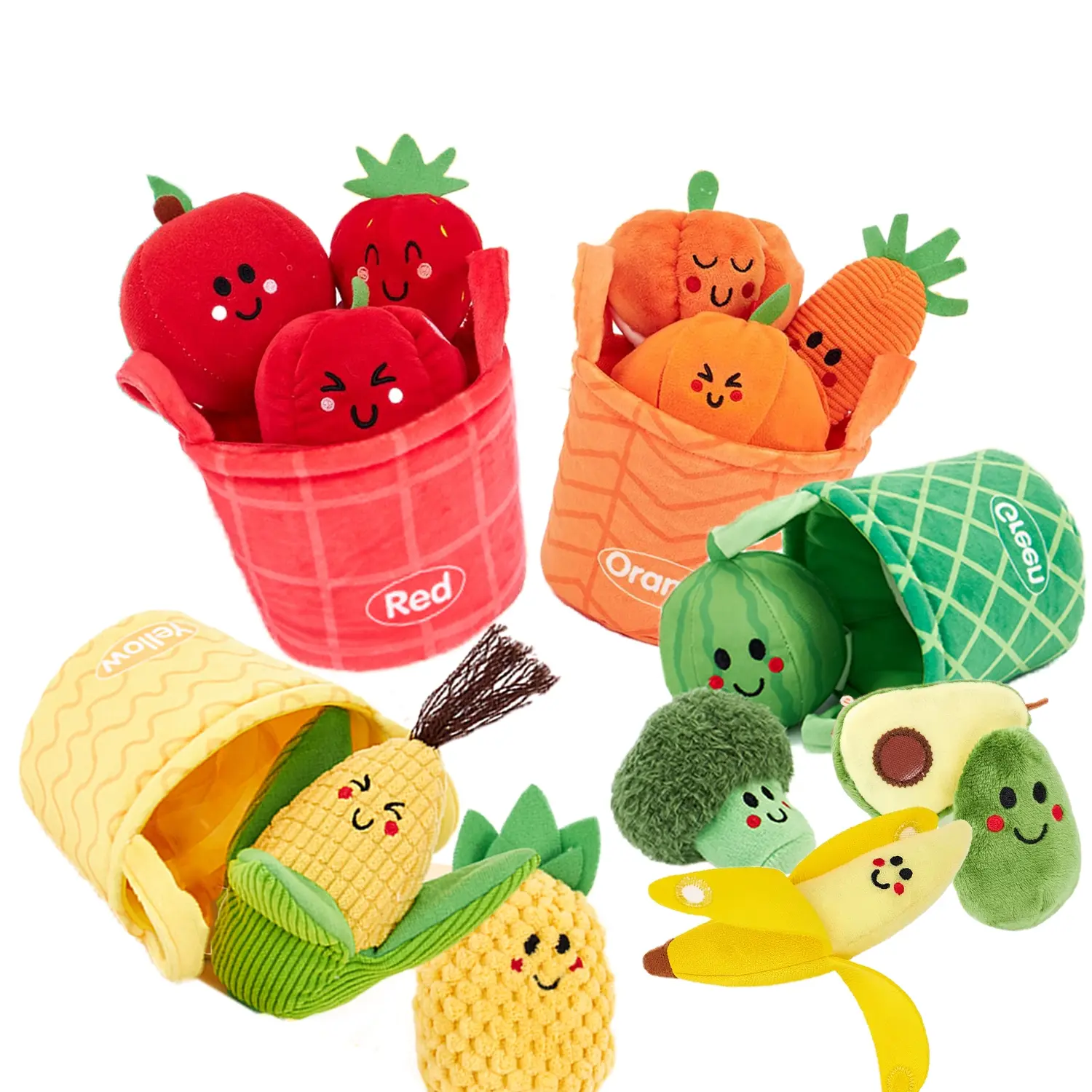 Baby Toys 6-12 Months -Set of Fruits and Vegetables Plush with Rattles and Basket, 16 Sensory Educational Pieces, Sensory Playset, Toys Children 1 Year Gift