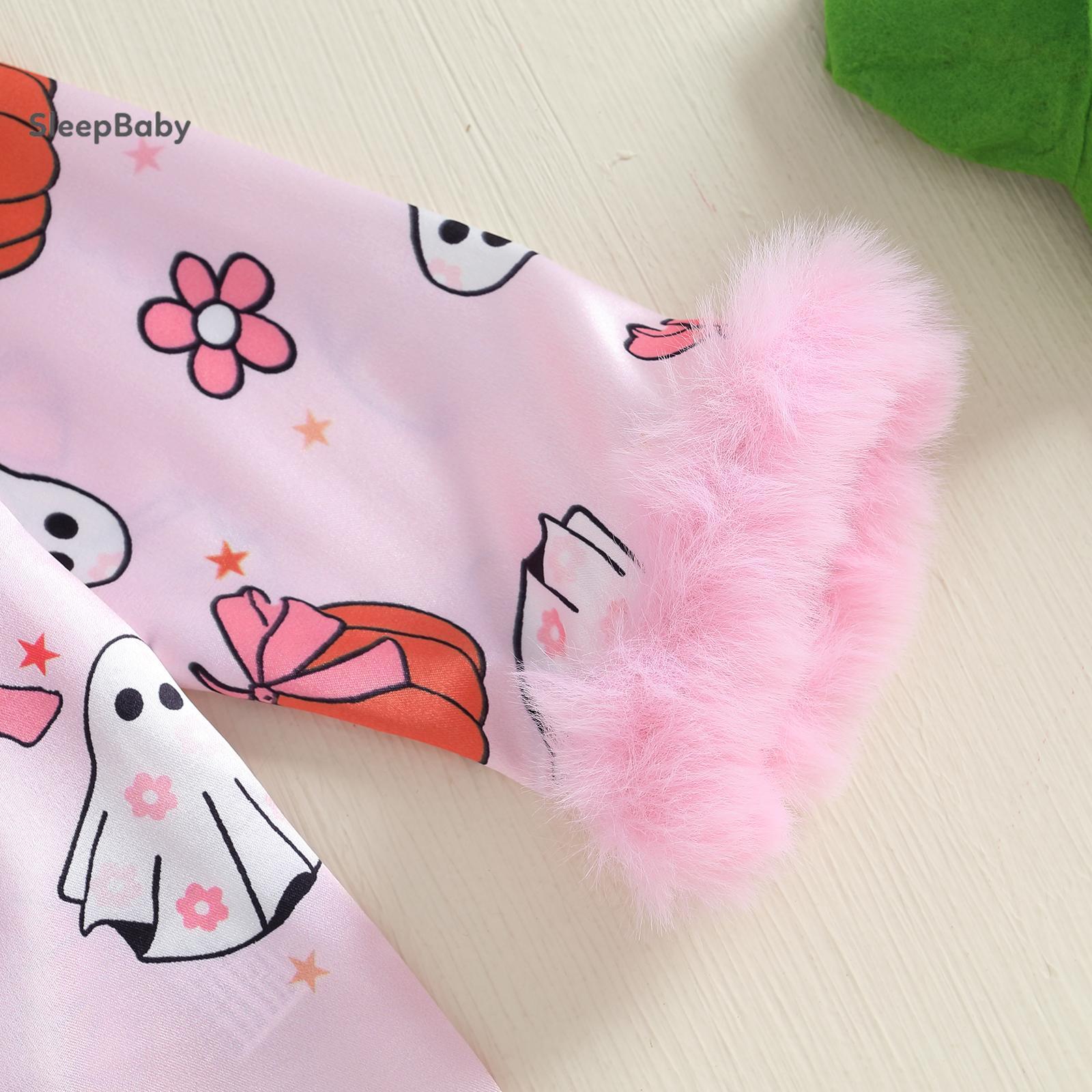 Halloween Cute Cartoon Ghost Pumpkin Print Kids Halloween Satin Pjs 2 Colors Pink Purple Fluffy Fur Cuff Lapel Long Sleeve Two Piece Toddler Girls Daily Holiday Matching Sleep Set