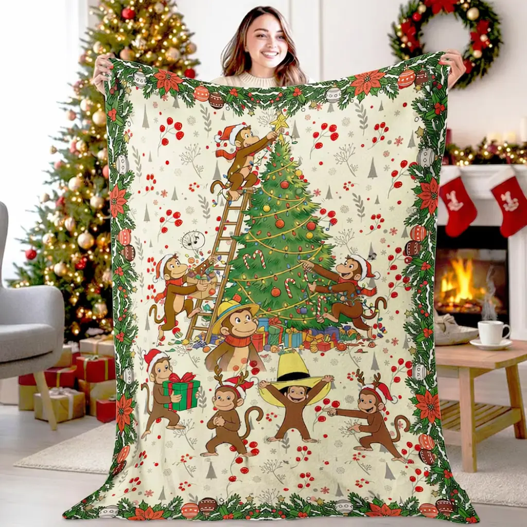 Cute Vintage Monkey Christmas Tree Decorating Throw Blanket, Cartoon Festive Winter Holly Border Fleece Blanket, Whimsical Retro Xmas Holiday Cozy Blanket for Family Winter Home Decor