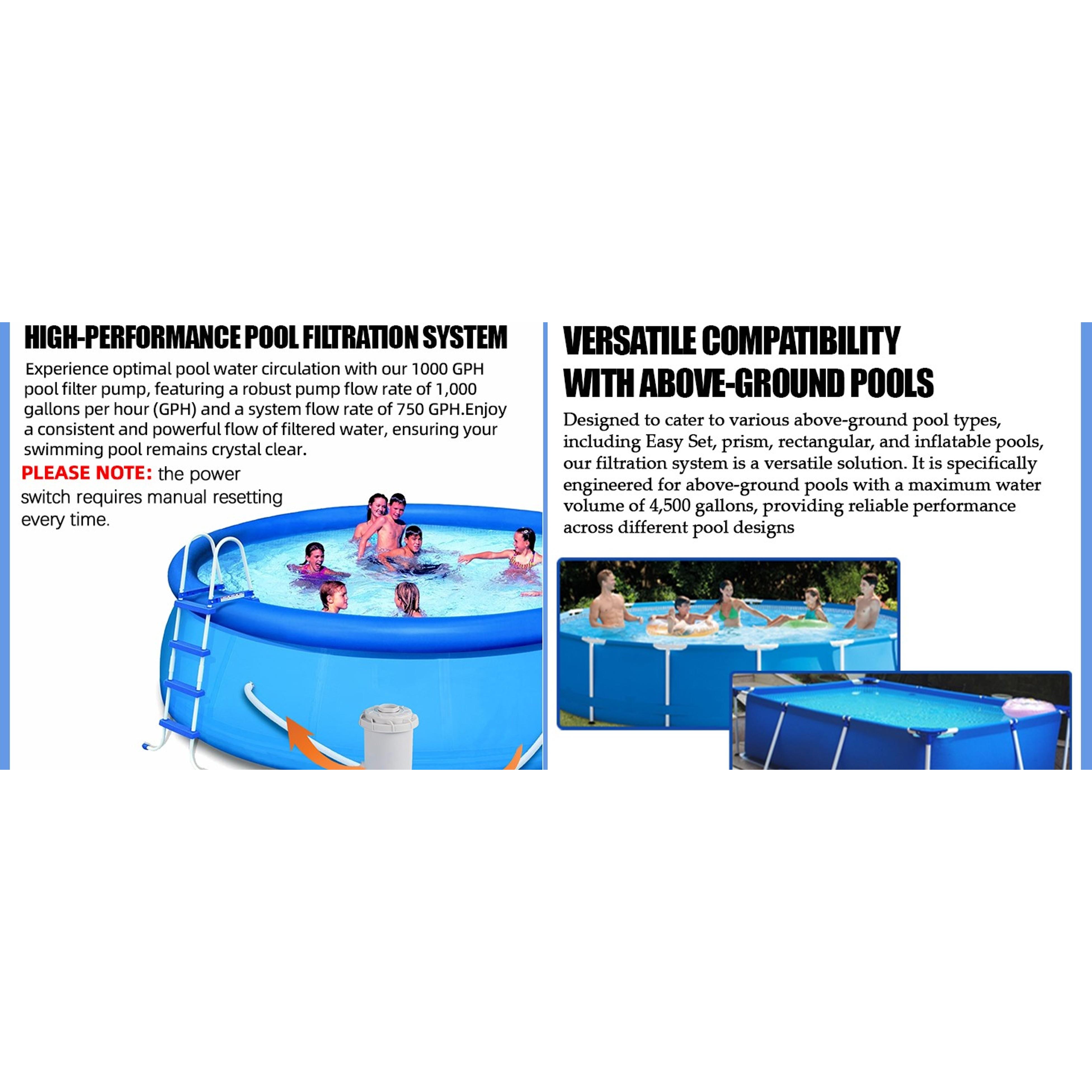 1000 GPH Pool Pumps, Above Ground Pool Filter Pump for Swimming Pools 1000 GPH Pumps Flow Rate All-in-One Above Ground Pools Filters Pump Accessories Uses Type A or C Filter Cartridge