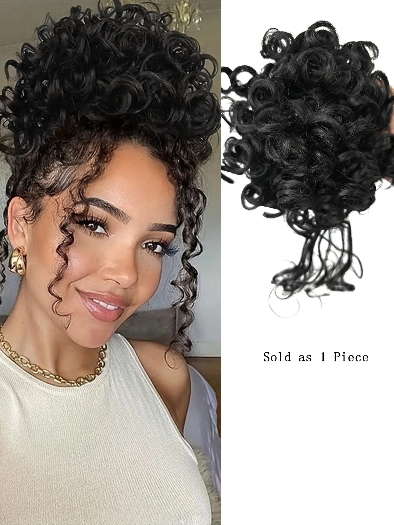 8 Inch Elastic Curly Bun Hair Piece, Black Big Wavy Messy Short Curly Updo, Drawstring Bun Hair Extensions for Women
