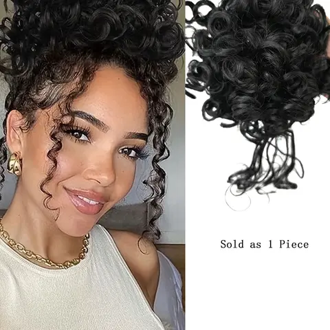 8 Inch Elastic Curly Bun Hair Piece, Black Big Wavy Messy Short Curly Updo, Drawstring Bun Hair Extensions for Women, Synthetic Hair Pieces