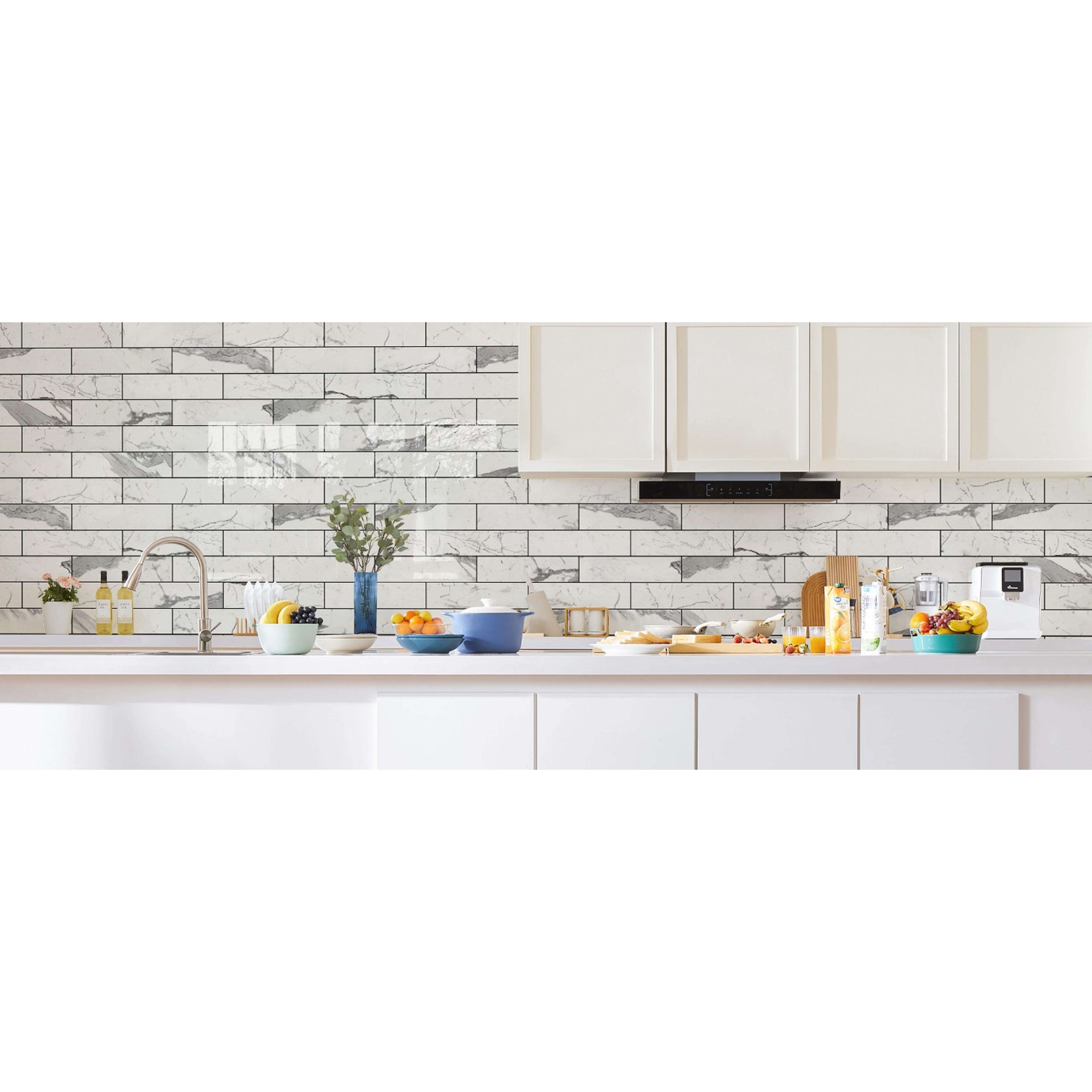 Peel and Stick Backsplash, Glossy 40-Piece 3''x12'' Subway Tile | Statury White with Dark Gray Grout Wall Tile,PVC Faux Stone Stick on Subway Tiles for Kitchen,Bathroom,Laundry,Camper Peel and Stick Backsplash, Glossy 40-Piece 3''x12'' Subway Tile | Statury White with Dark Gray Grout Wall Tile,PVC Faux Stone Stick on Subway Tiles for Kitchen,Bathroom,Laundry,Camper
