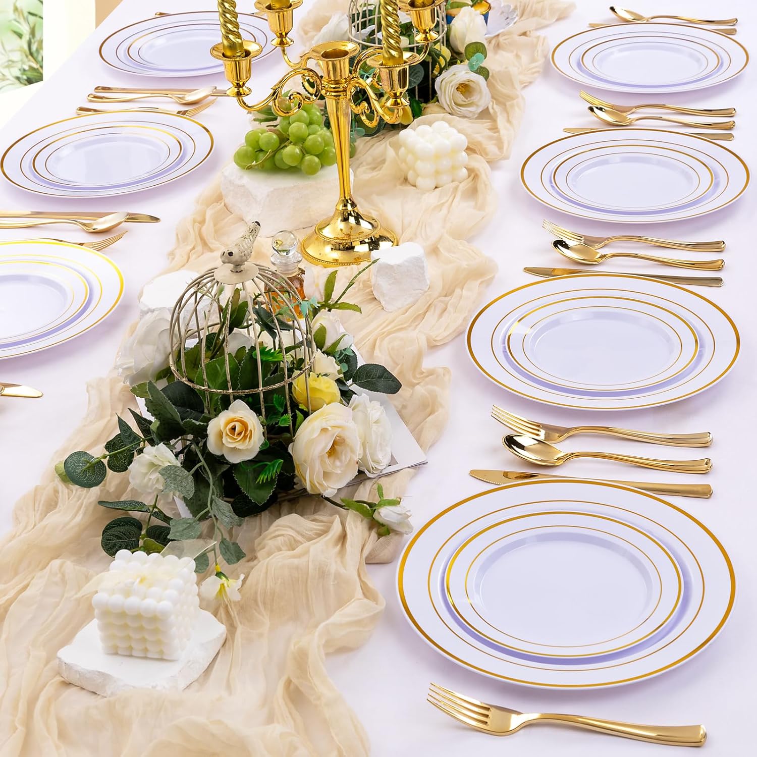 Gold/Silver/Rose Disposable Plates and Silverware Set: Dinner Plates,Dessert Plates, Cups,Napkins,Knife, forks, spoons-Perfect for Party