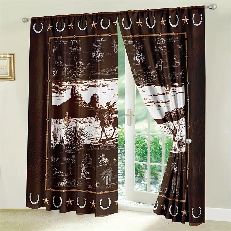 2 pieces of high-definition digital 2 Western-style cactus and palm brown design printed curtains. Made of polyester, semi-transparent, machine washable, suitable for bedrooms, living rooms and home decoration curtains.