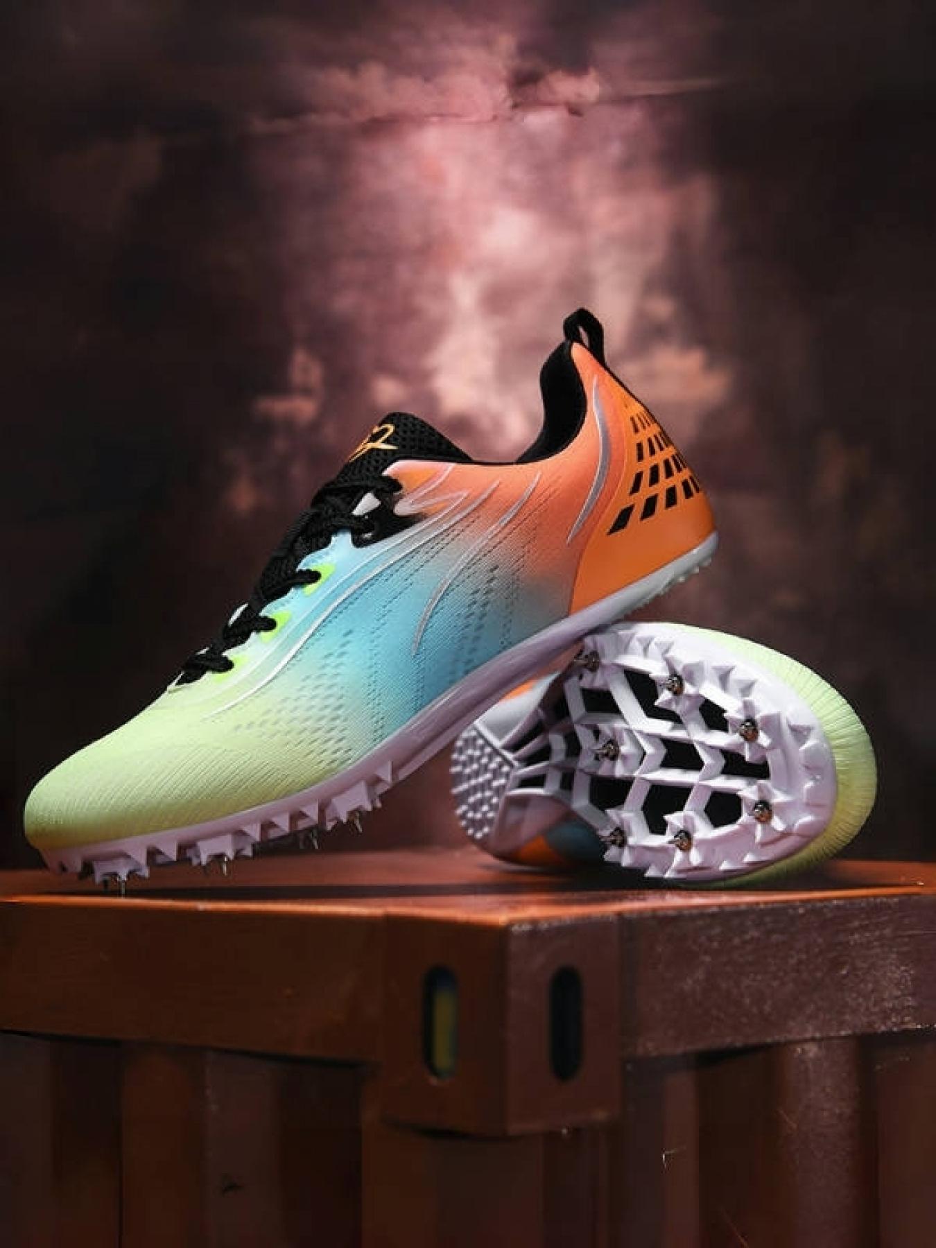 1 Pair Parent-Child Orange Green Gradient Removable Spike Track Shoes Colorful Racing Breathable Mesh Strong Grip Multi Ground Training And Competition