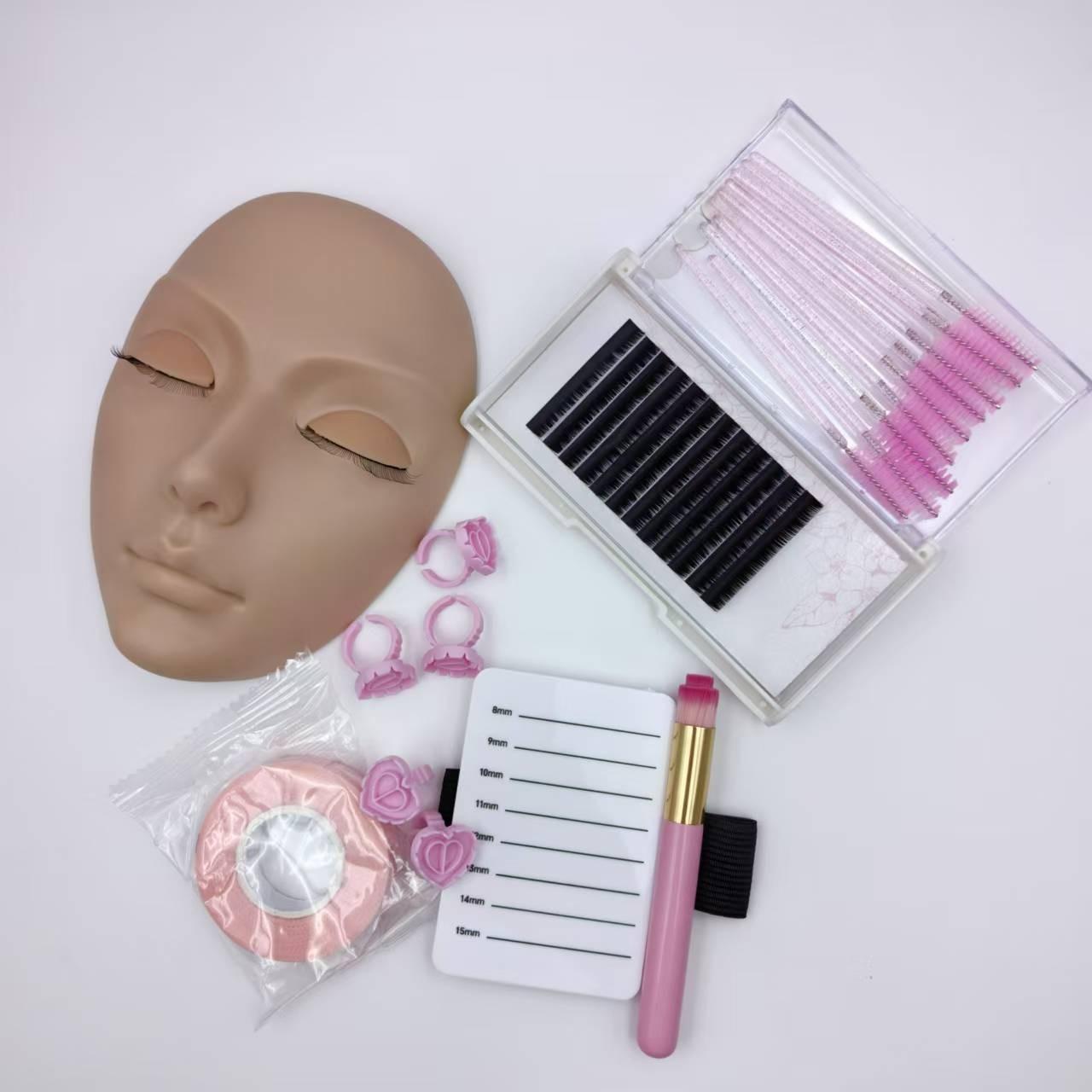 Portable False Eyelash Cosmetic Practice Set with Head Model, Eyelash Box, Adhesive Tape, Eyelash Glue, Mousse Brush, and Rings, Ideal for Eyelash Application Training