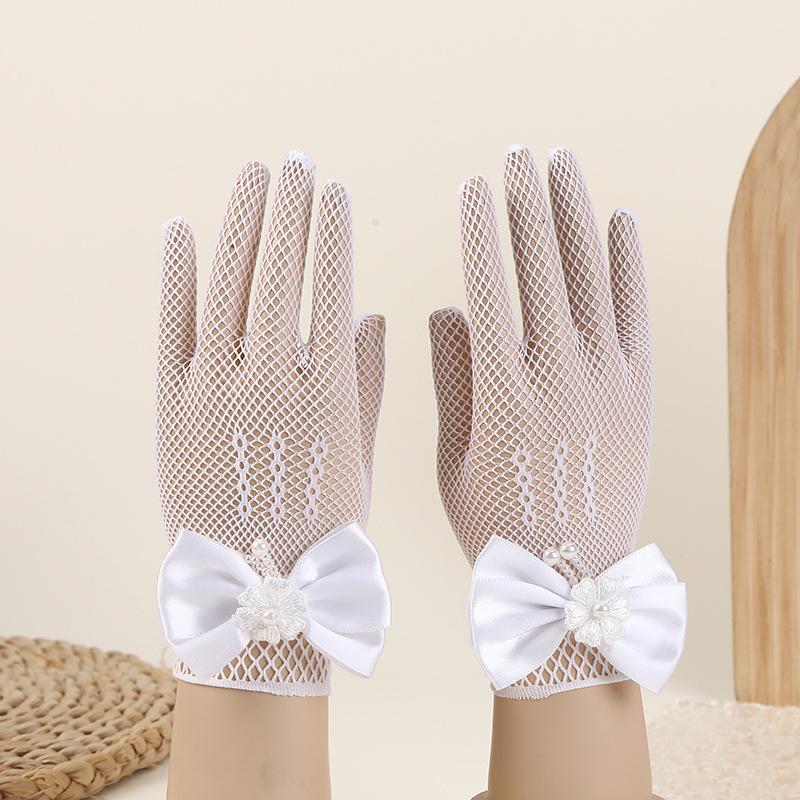 1pc Lace Gloves Wedding Dress Gloves Women's Christmas Show Dancing Host Mesh Stretch Bow