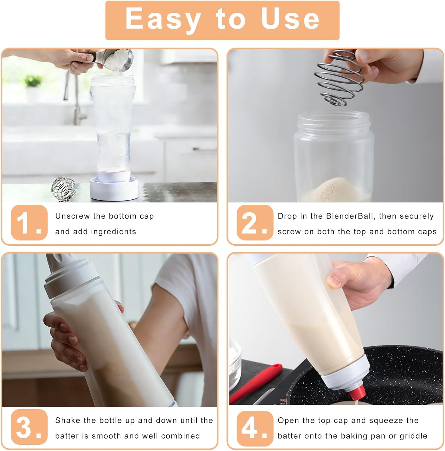 Manual Pancake Batter Dispenser with Blender Ball, Food‑Safe Plastic Shaker Mixer, Perfect for Pancakes, Waffles & Cupcakes