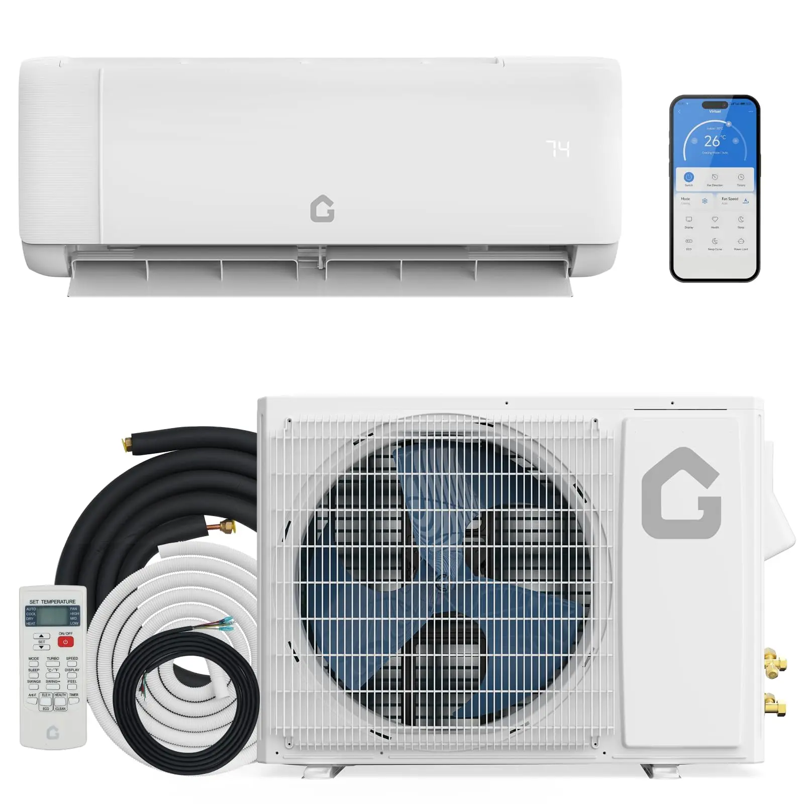 GARVEE 18,000 BTU Mini Split AC Unit with Heat Pump, 19 SEER, 230V Inverter AC, Cools Up to 1250 Sq. Ft, Pre-Charged Condenser, Installation Kit & Remote Included, White