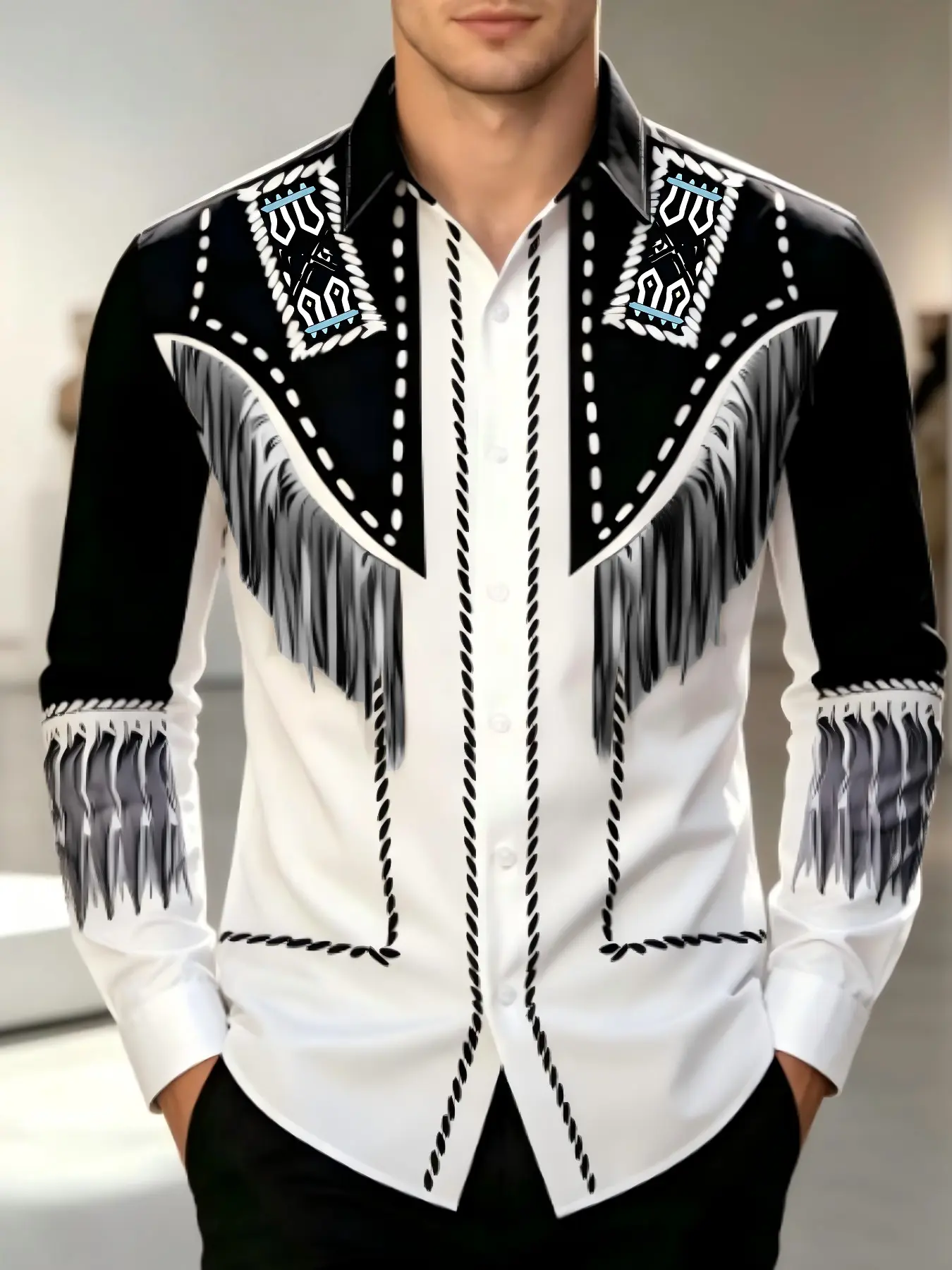 Men's Long Sleeve Shirt, Aztec Tribal Print, Casual Western Style, Western Retro Cowboy Style, Block, Flowing Fringe Design