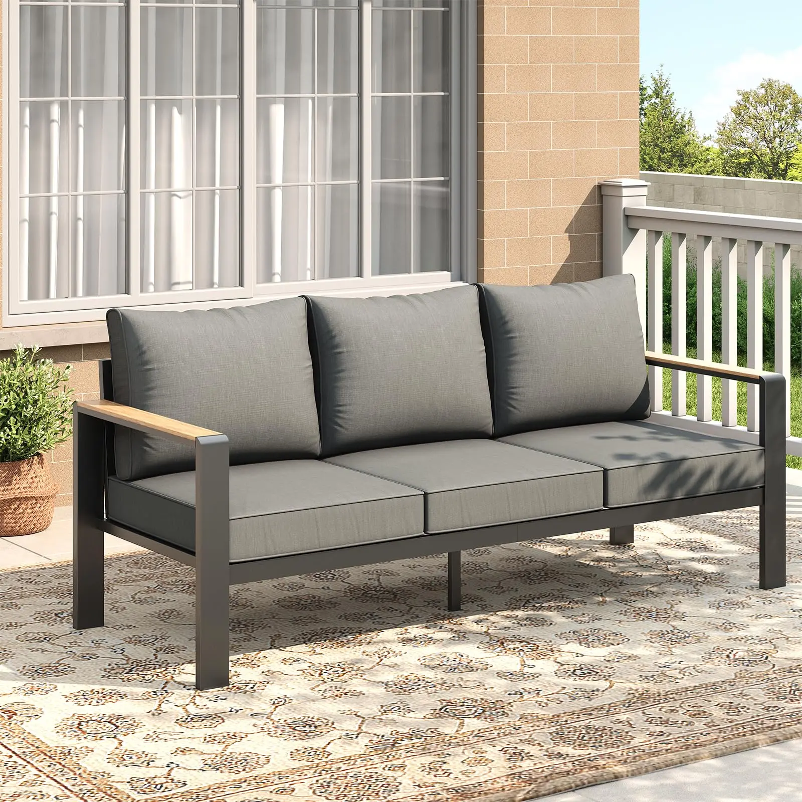 GARVEE Aluminum Patio Furniture Set 4 Seats, Generous Outdoor Sectional with Washable Thick Cushions and Coffee Table, Patio Conversation Sets for Porch, Balcony, Deck (Dark Grey, 1 Pcs 3-Seat Sofa)