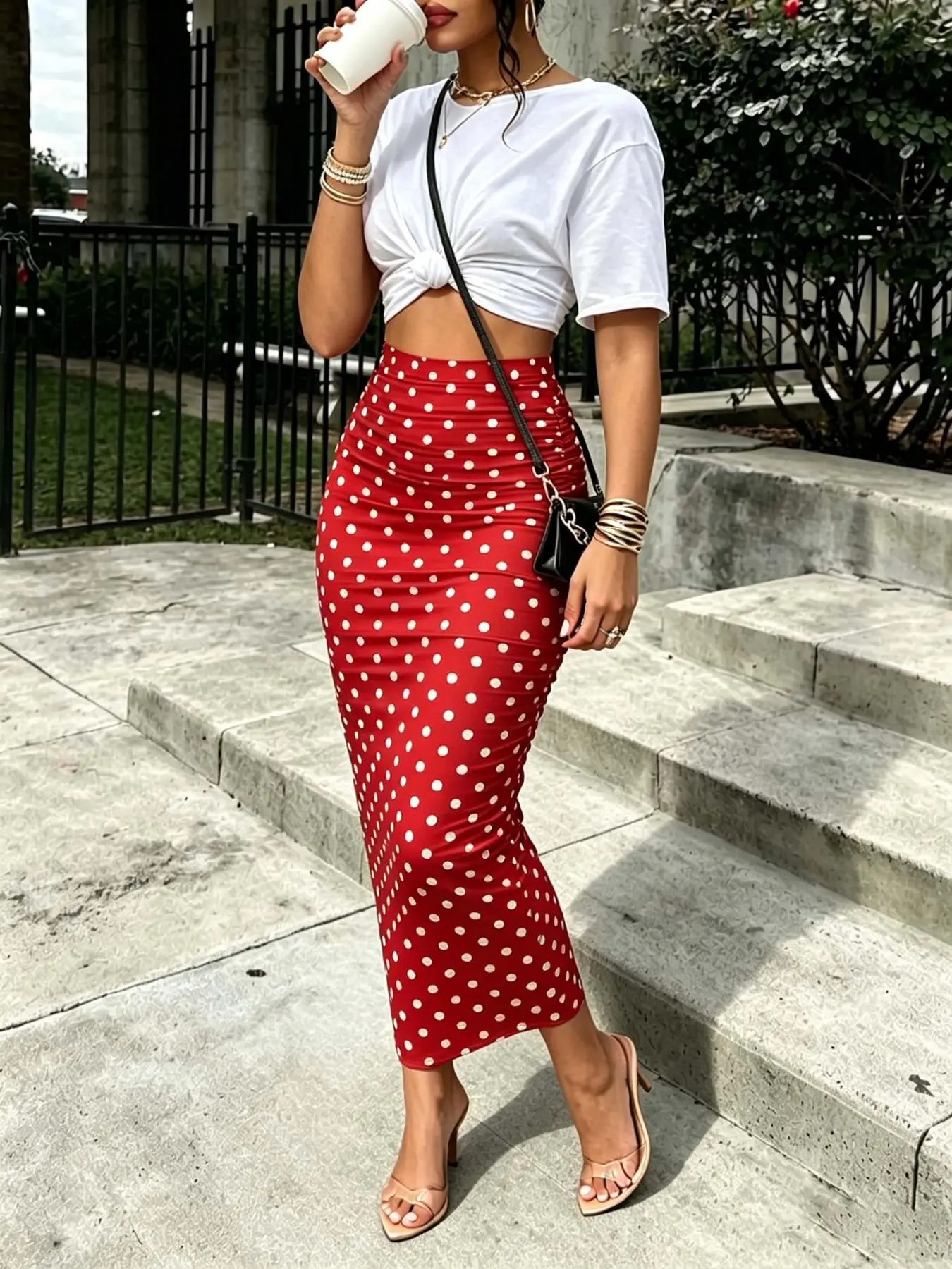 Women's Polka Dot Midi Mermaid Skirt, High Waist Ruched Bodycon Pencil Skirt, Soft Stretchy Y2K Streetwear, Slim Fit Retro Dots Print
