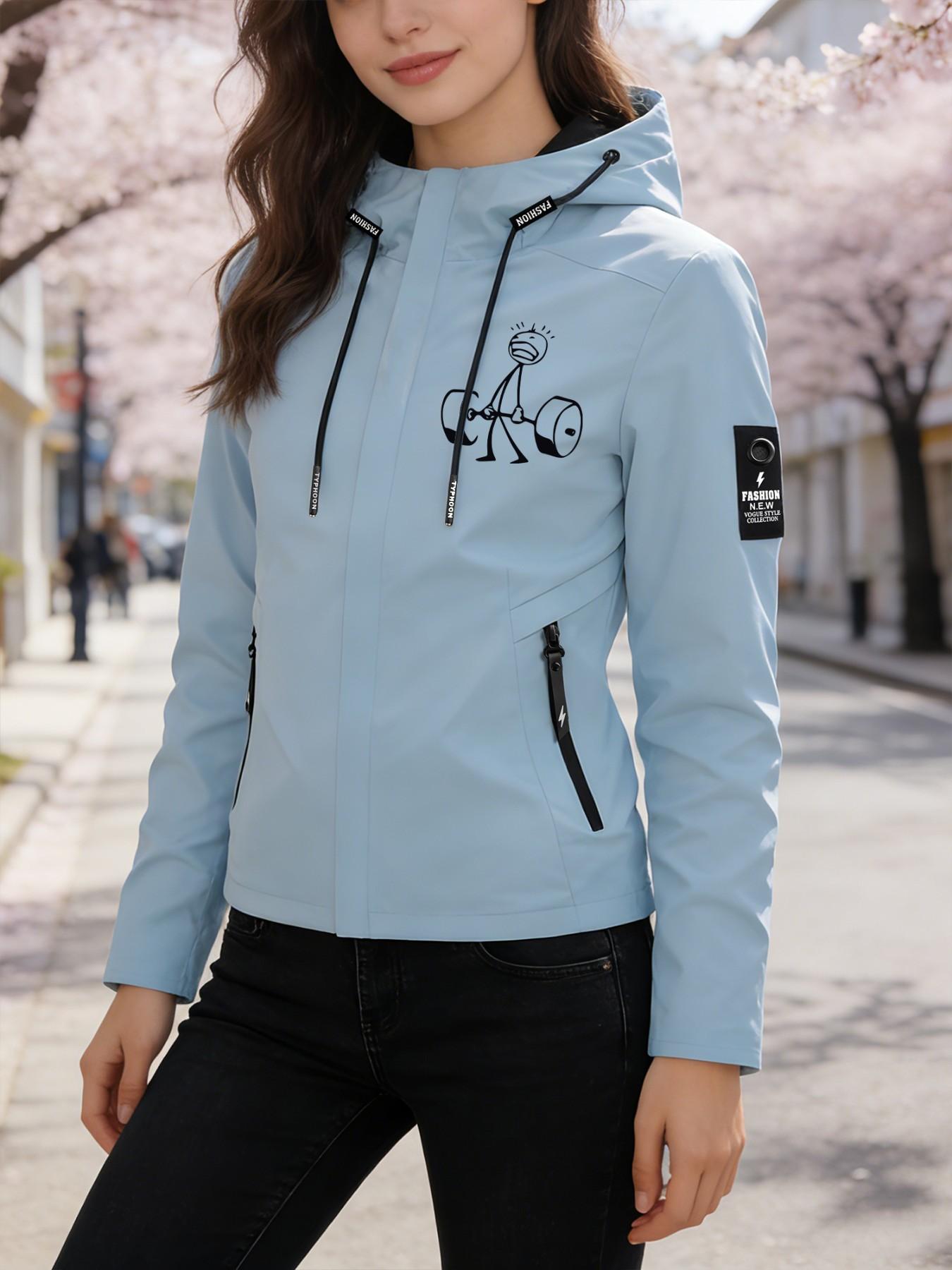 Women's Hooded Windbreaker Jacket Gym Stick Figure Print Outdoor Jacket Multi Color Options Hooded Loose All Season Warm Wind Coat Ideal for Daily Commute Hiking Climbing Wear Skin Friendly Breathable Machine Washable Plus