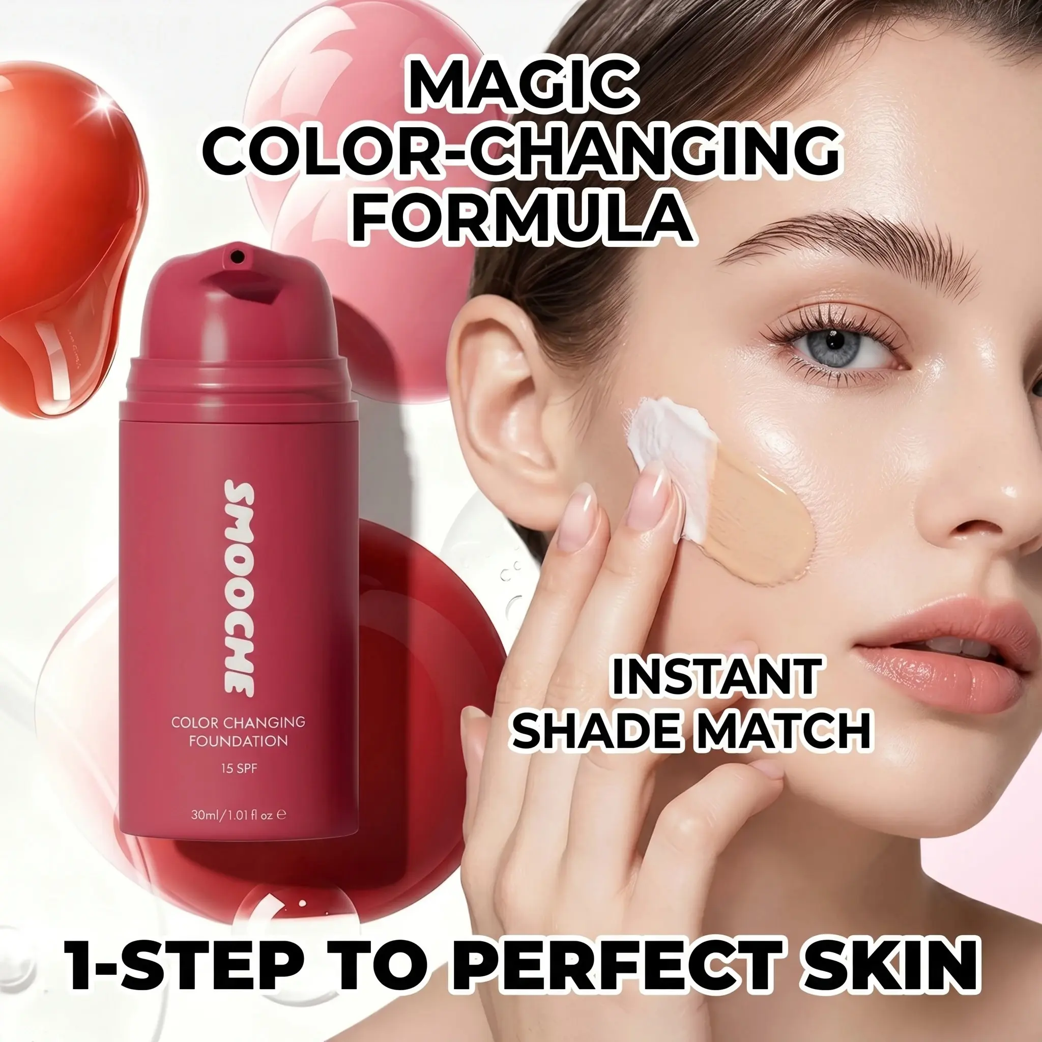 Smooche Smart Color-Changing Foundation, Spf15 Sunscreen, 30ML, Auto-Adjusts to Skin Tone, Conceals Blemishes, Hydrating, Long-Lasting