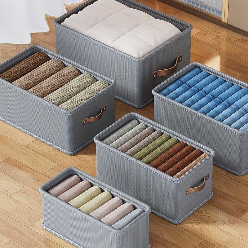 A winter closet clothing storage box (with handle), a foldable rectangular basket, a fabric container box for organizing shelves, suitable for the bedroom, Indoor Storage, in gray and beige colors, Clothes Storage Boxes