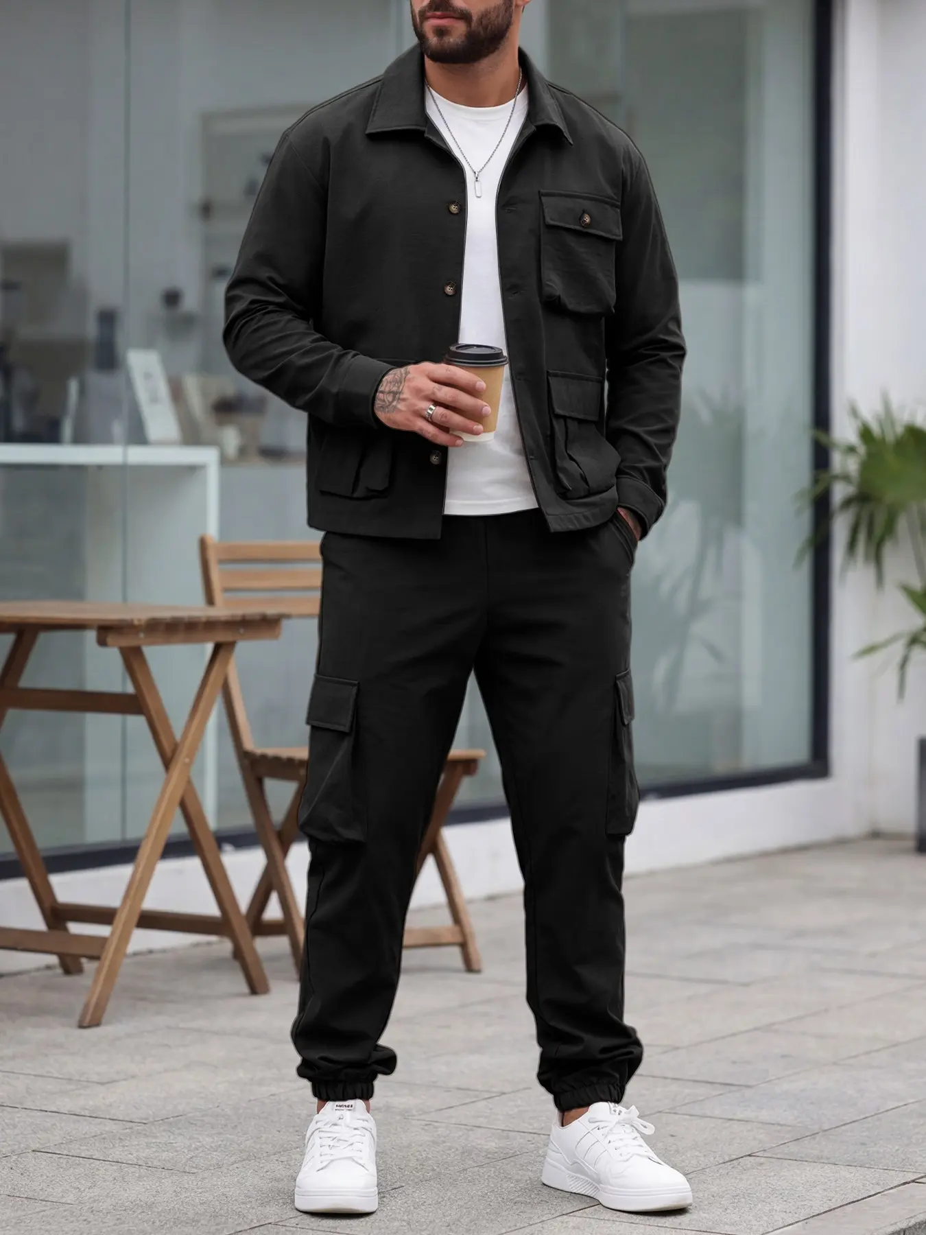 BTMK LONG SHIRTS CARGO PANTS セットアップ Men's Casual Trendy Lightweight Comfortable Big Pocket Long Sleeve