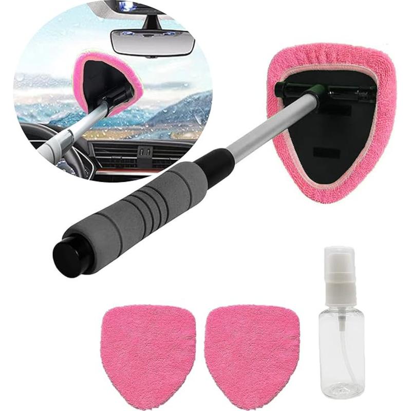 Windshield Cleaner Tool with Extendable Handle,Portable Car Interior Window Cleaning Kit , 3Microfiber Towel Pads, Auto Glass Wiper for Windshield, Trucks, SUVs, RVs, and Home Windows
