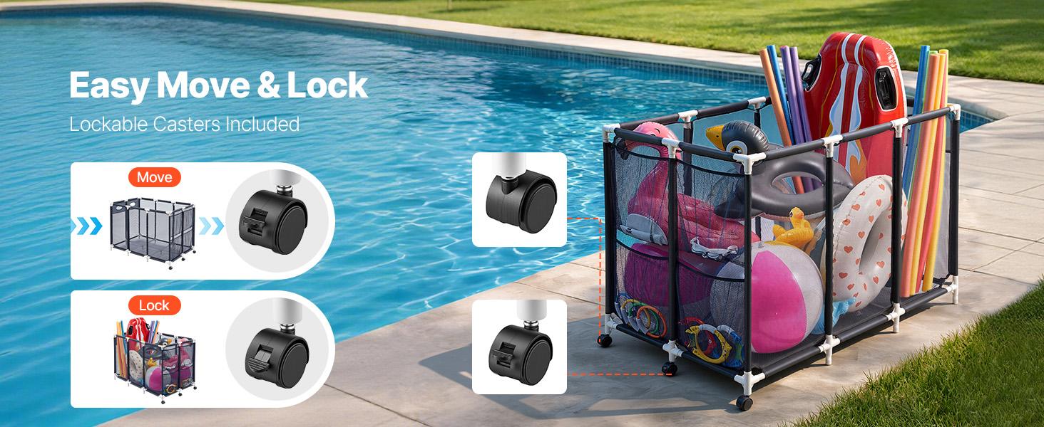 Summervibes VEVOR Pool Storage Bin, 47.2x 30.2x 34 in, Rolling Pool Float Storage Organizer with Side Pockets Casters, Heavy Duty Plastic Frame, Poolside Toys Noodles Holder Mesh Basket for Swimming Pools
