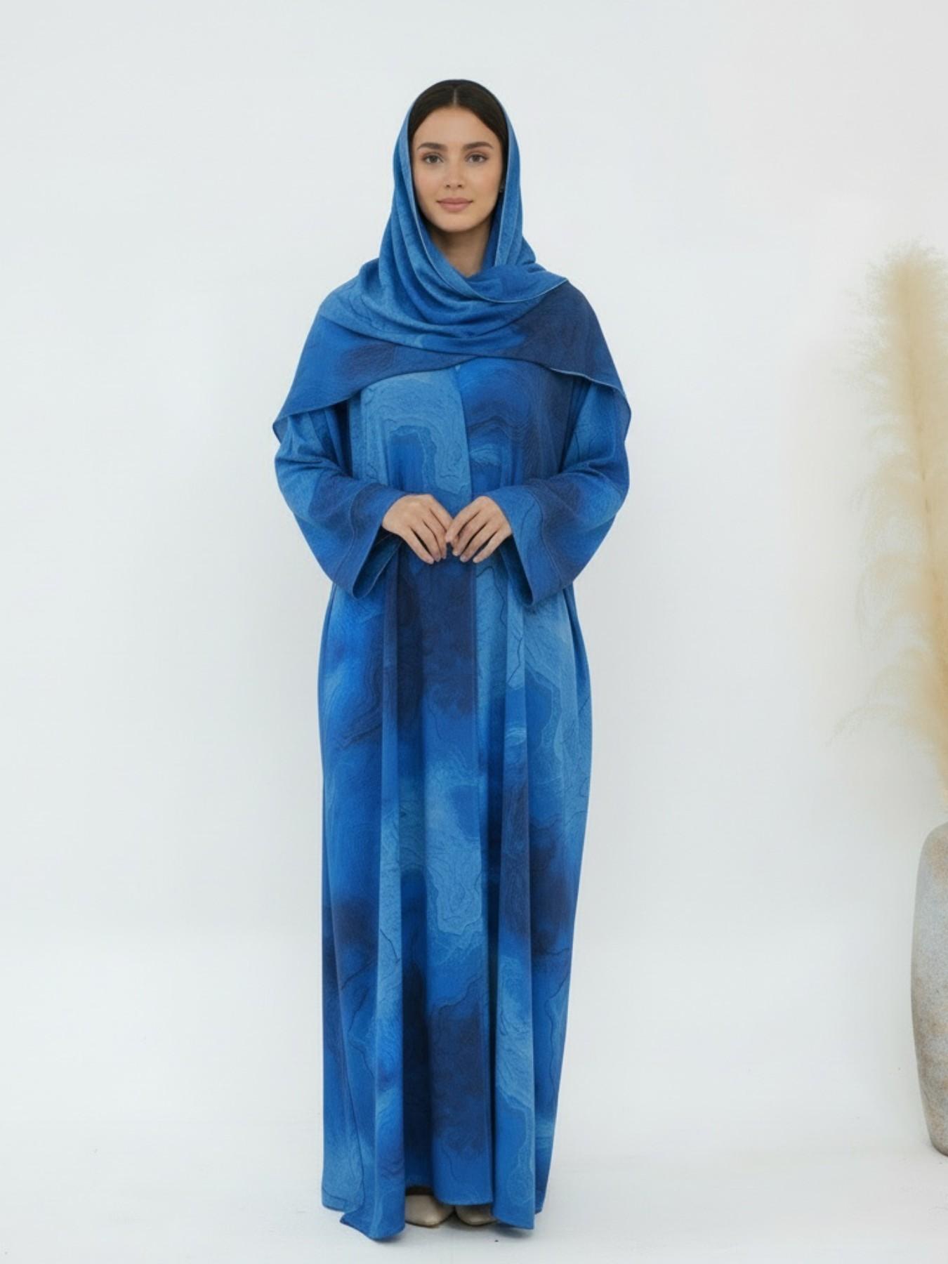 New Muslim Tie-Dye Robe Set with Headscarf, Long Sleeve Casual Fashion, Includes Pockets, Perfect for Ramadan, Abaya Hijab Set, Islamic Clothing