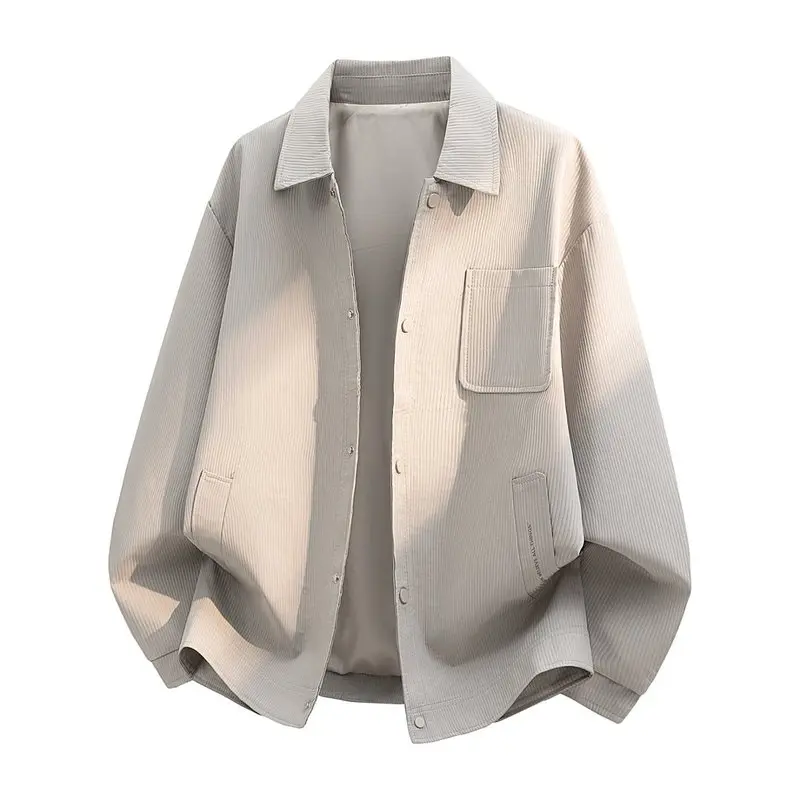 Men's Polyester Clothes Lapel Button-Down Cord Texture Shirt Jacket - Long Sleeves, Multi Patch Pockets, Small Embroidery, Full Inner Lining, Loose Raglan Cut, Casual Versatile Outerwear for Spring Autumn Daily Street Layers, Embroidered