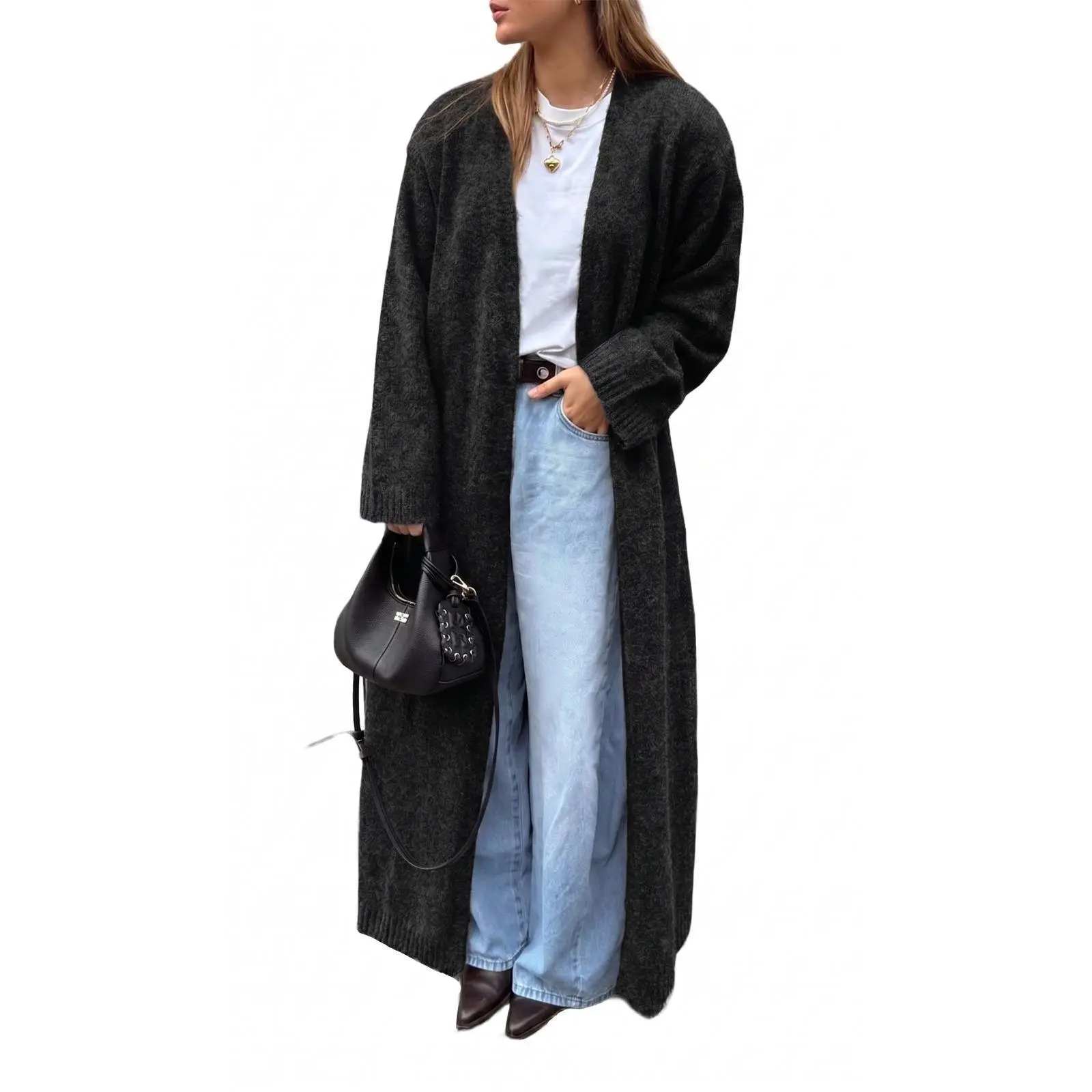 TANKANEO Womens Soft Knit Long Cardigan Sweater, Oversized Open Front with Self Belt Loose Casual Autumn Layering Coat
