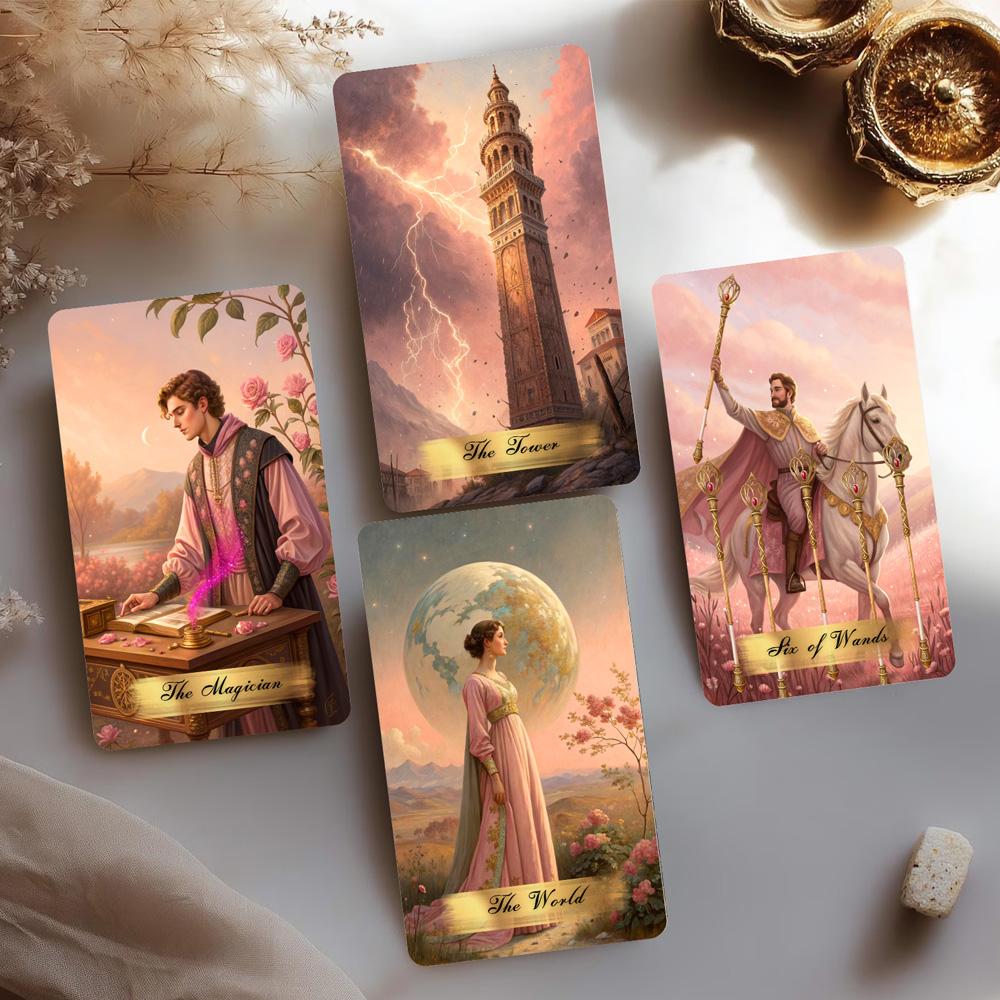Pink Victorian Tarot Card Deck Set, Card Game, 78 Pieces, 13x8 Cm, Romantic & Elegant Design, Includes Paper Instructions, Perfect for Beginners