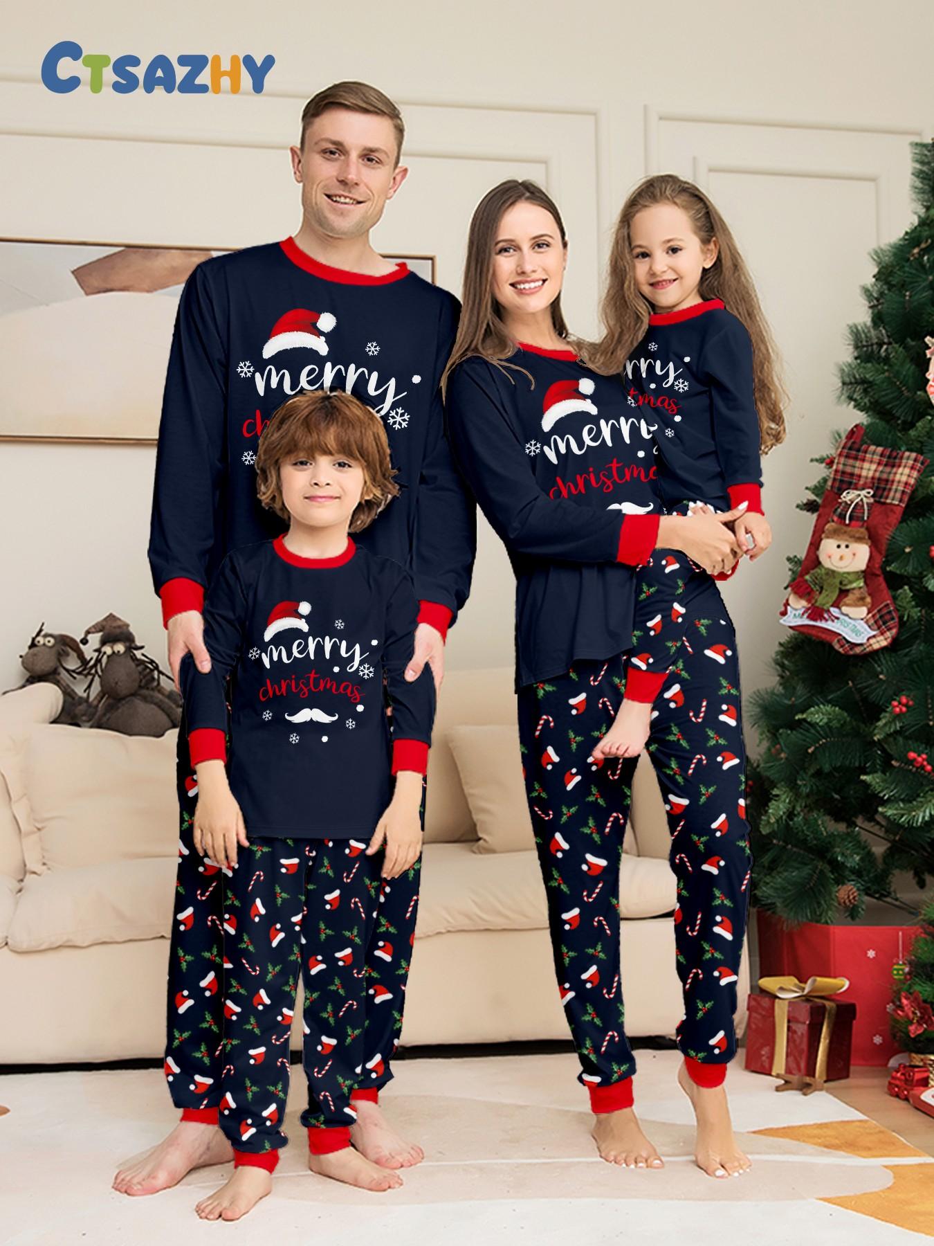Matching Family Christmas Long Sleeve Pajama Set, Matching Outfits for Adults & Kids, Color Block Cuffed Loungewear, Couple & Family Matching Sleepwear, Color Contrast Raglan Sleeve Xmas Family PJs, Soft Comfy Home Wear for Families of 3 or 4