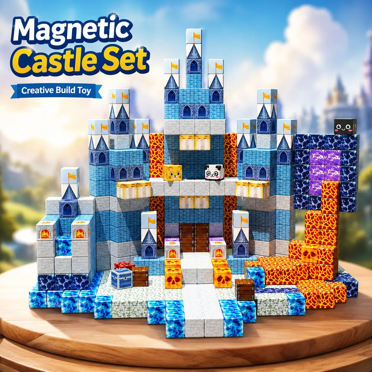 100pcs Magnetic Building Blocks Toy, Blue Castle DIY Cube Stem Sensory Playset, Perfect Gift for Kids Ages 3-10, Christmas Birthday Present
