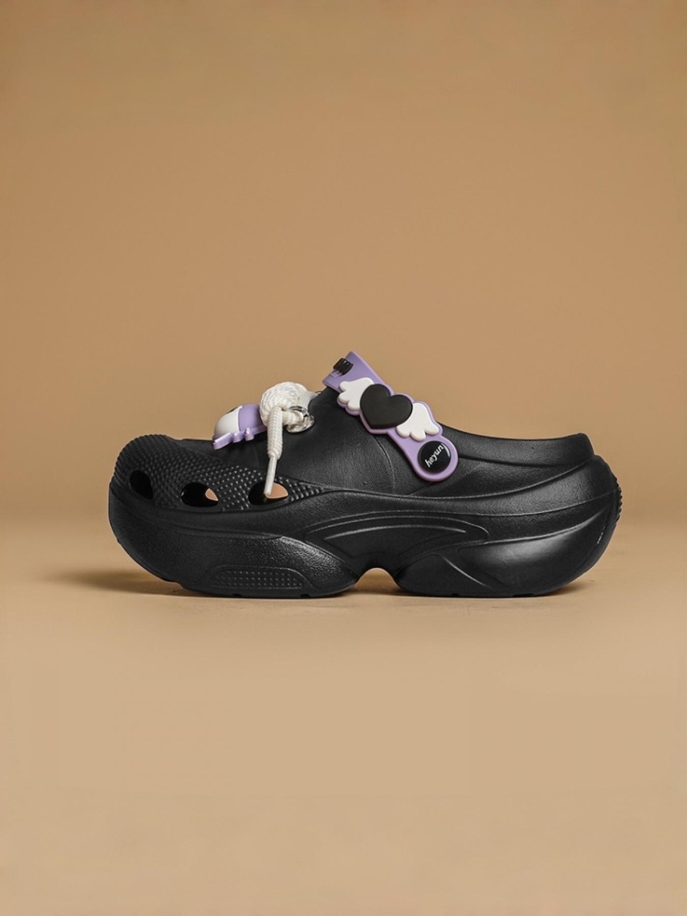 Women's Black-Purple Cartoon Big Eye Clogs: Thick-Soled Dual-Wear, Summer Outdoor Slides
