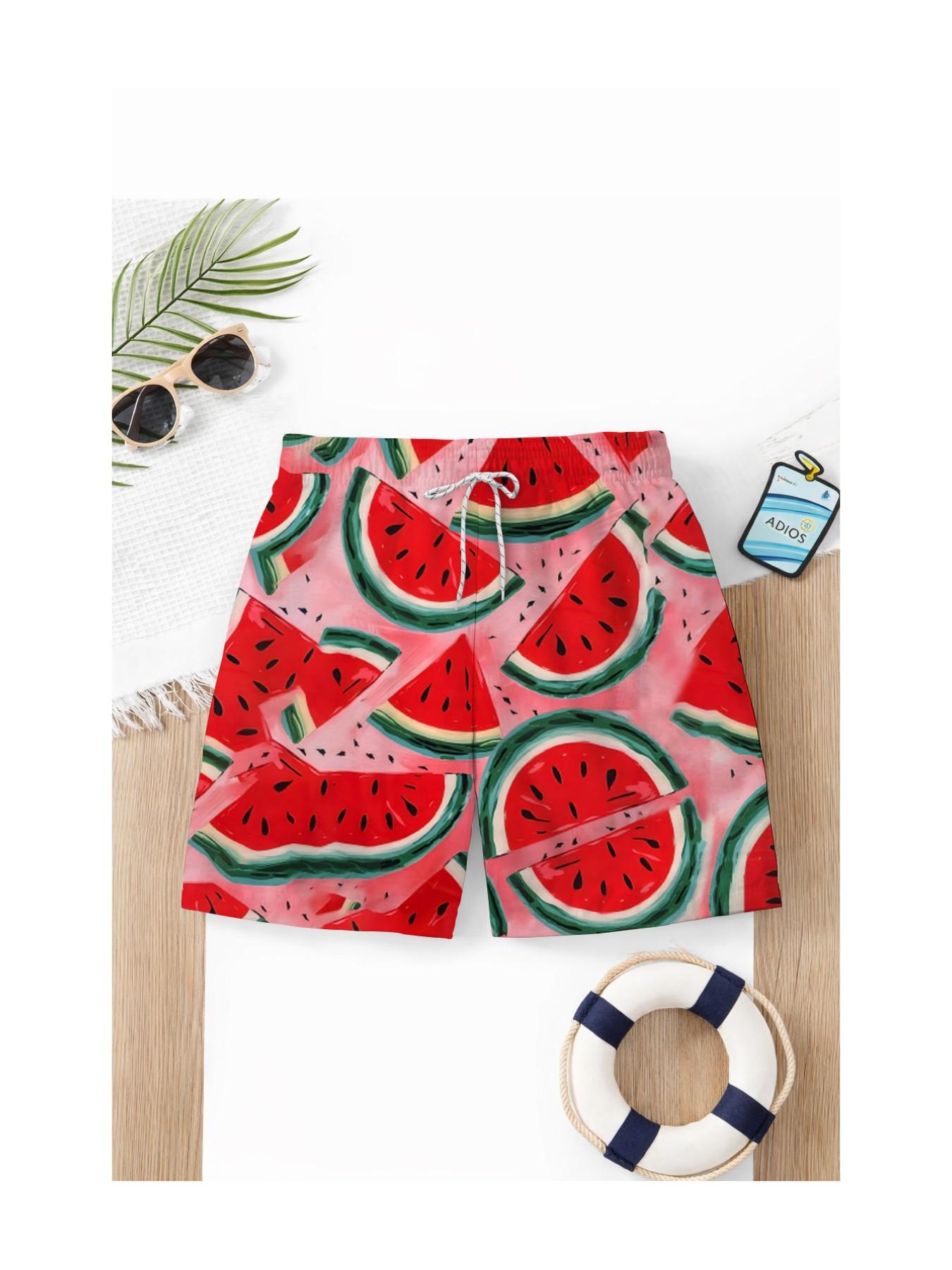 Summer Boys' Watermelon Print Drawstring Beach Pants, Loose Fit Short Swim Trunks, Casual Cartoon Pattern, Ideal for Vacation