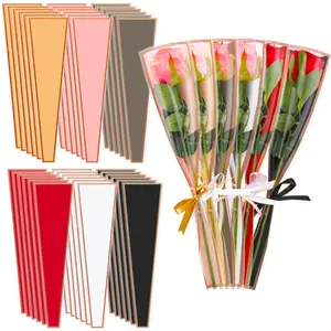 50pcs Transparent Rose Sleeves, Waterproof Gold Edge Flower Basket Bags, Ideal for Valentine's Day Gifts, Wedding, Floral Arrangement Supplies