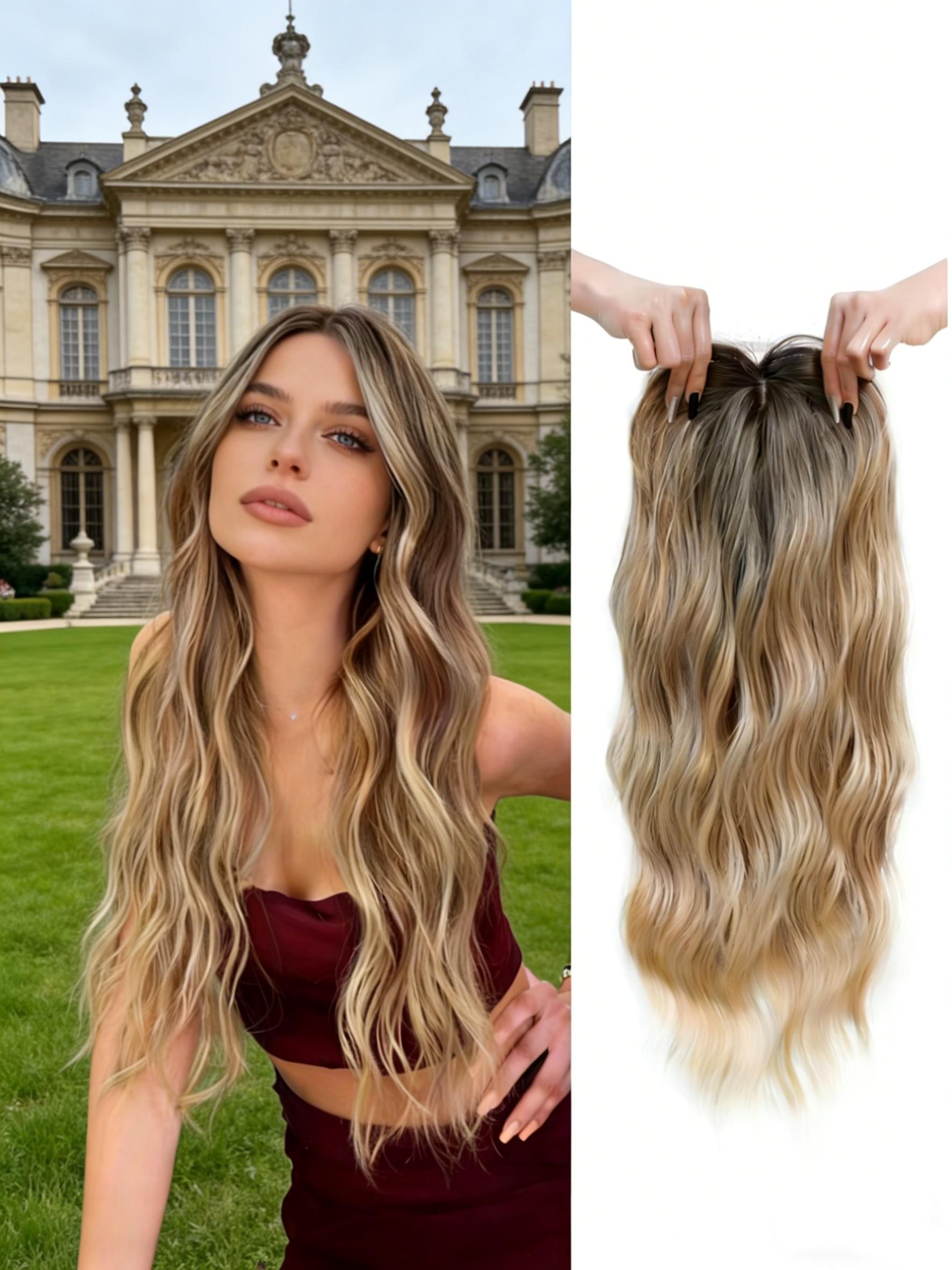✨Viral Long Wavy Hair Topper, Dark Brown Balayage with Natural Highlights, Invisible U-Part Clip-In Extensions, Glueless Easy Wear for Natural Looking Hair