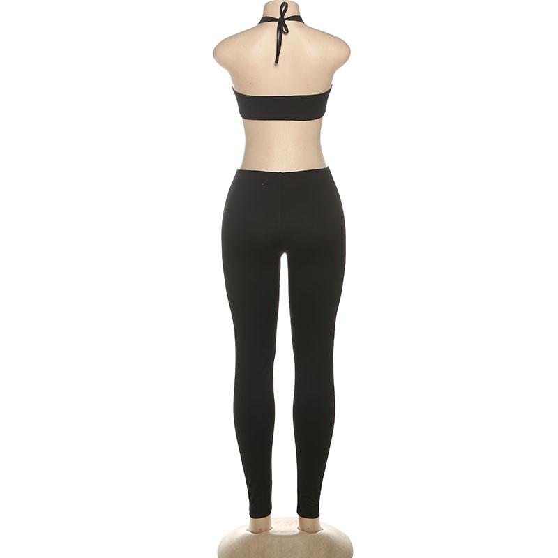 DOUCIU Nightclub Bar Music Festival Sexy Hot Street Personality Cool Women'S Thin Solid Color See Though Cross Shaped Halter Neck Long Jumpsuit