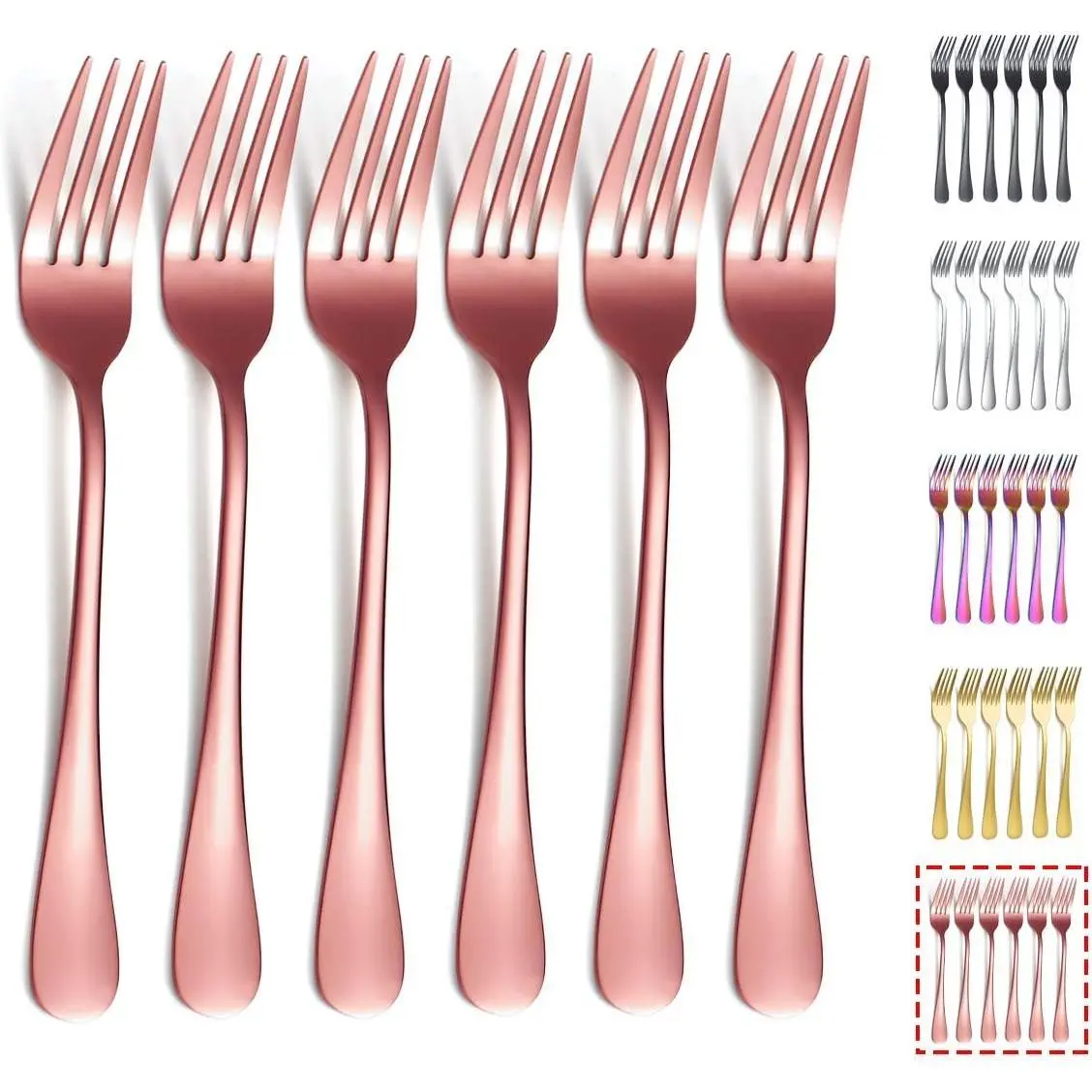 Rose Gold Dinner Fork 6 Pieces, Stainless Steel 8.17 Inch Forks Rose Gold Titanium Plating Silverware, Copper Forks Set of 6