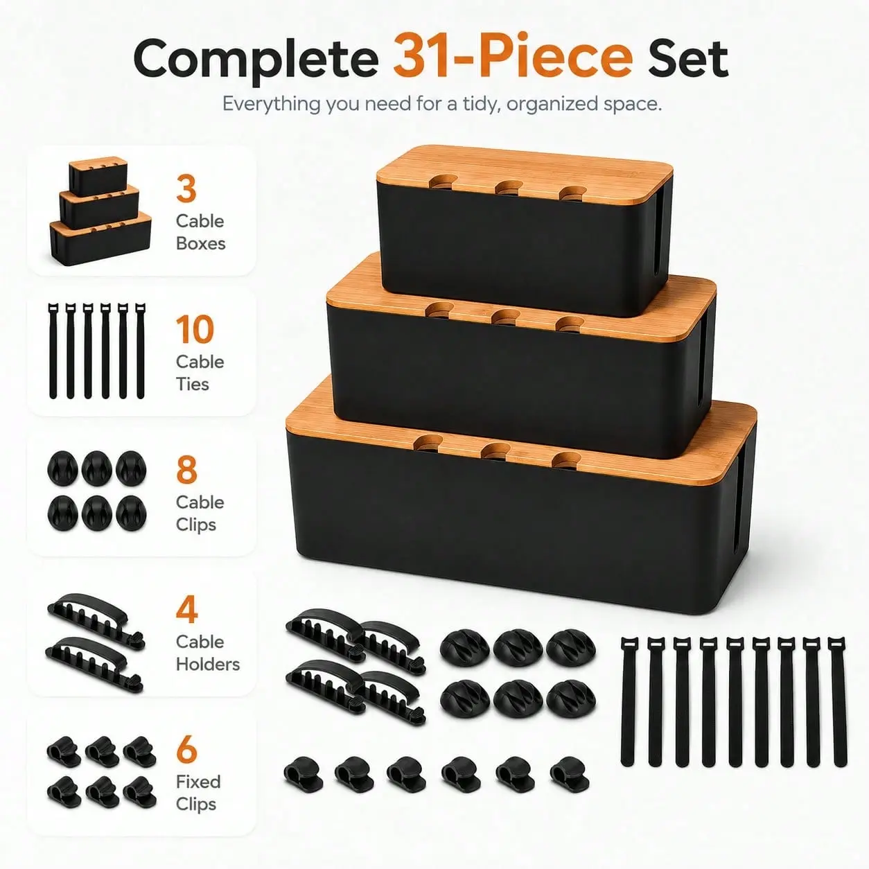 3PCS Black Cable Management Boxes With Bamboo Lids, Cord & Power Strip Hider Conceals Wires Extension Cords Chargers USB Hubs For Desk TV Computer Home Office, Birthday Gifts, Christmas Gifts
