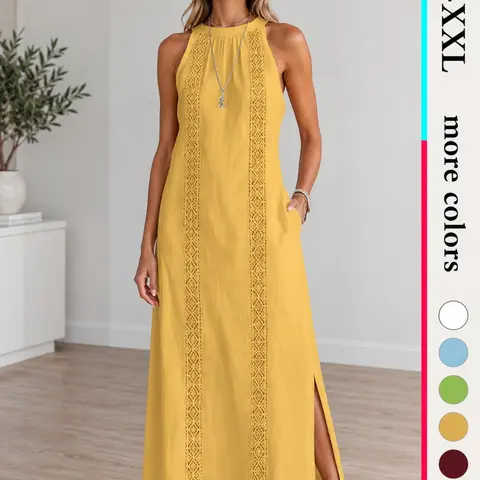 Summer Sleeveless Halter Midi Dress, Lace Panel Side Slit, Sheer Fabric, Sexy Outfit, Luxury Style,Pocket, Loose Fit,Semi-sheer fabric, Boho Style, Tall Friendly, Casual Dress for Women