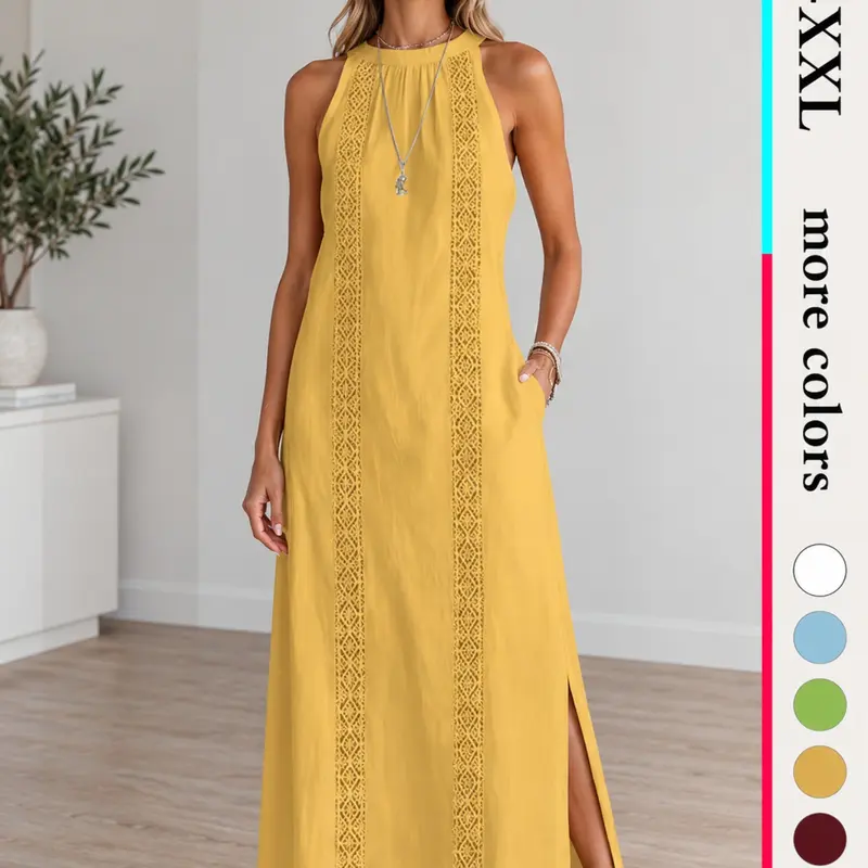 Summer Sleeveless Halter Midi Dress, Lace Panel Side Slit, Sheer Fabric, Sexy Outfit, Luxury Style，Pocket, Loose Fit,Semi-sheer fabric， Boho Style, Tall Friendly, Casual Dress for Women